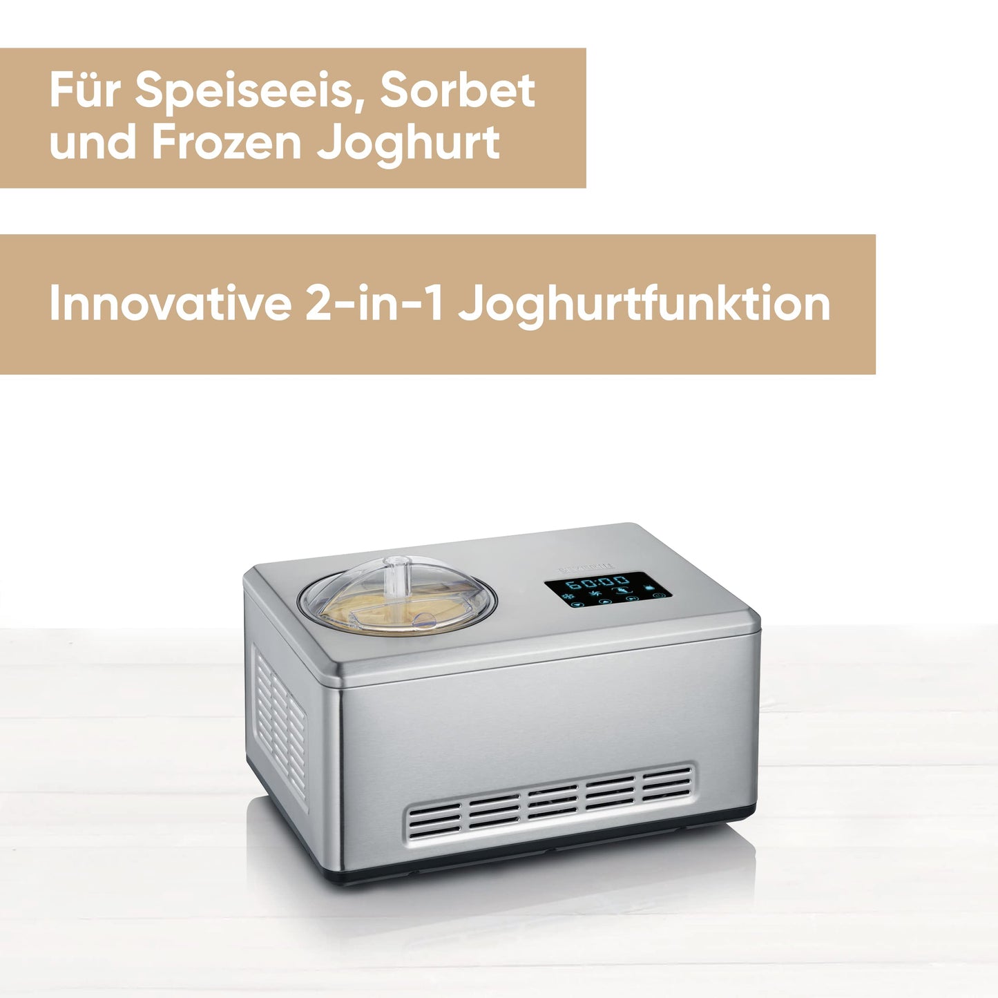 SEVERIN 2-in-1 Eismaschine mit Joghurtfunktion, Eismaschine mit Kompressor für Eis, Sorbet und Frozen Joghurt, Joghurtbereiter mit "warm & cold"-Funktion, Edelstahl-gebürstet, EZ 7405