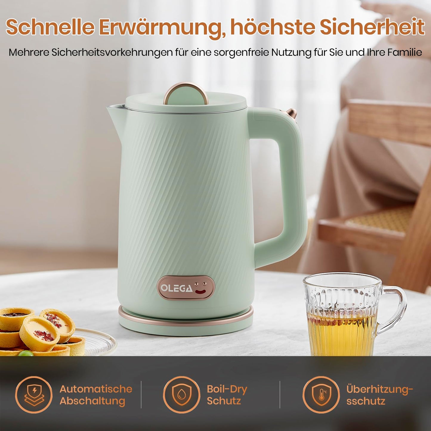 OLEGA Wasserkocher - 1800W Schnellaufheizender Elektrischer Teekessel BPA-freier 304 Edelstahl Elektrischer Wasserkocher mit Automatischer Abschaltung und Trockengehschutz Perfekt für die Familie 1.8L