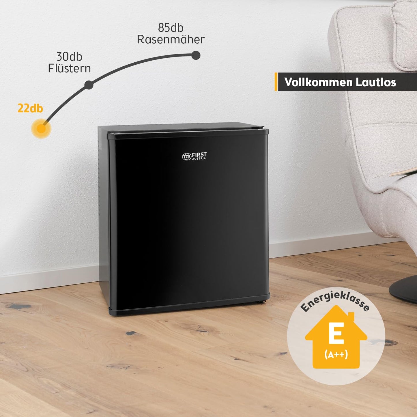 TZS First Austria - Mini fridge with lock, EEK A+, minibar, 0 dB noiseless, silent, bedroom, door hinges can be changed, approx. 4°C - 16°C, height 57cm, effective volume 35 L, interior lighting