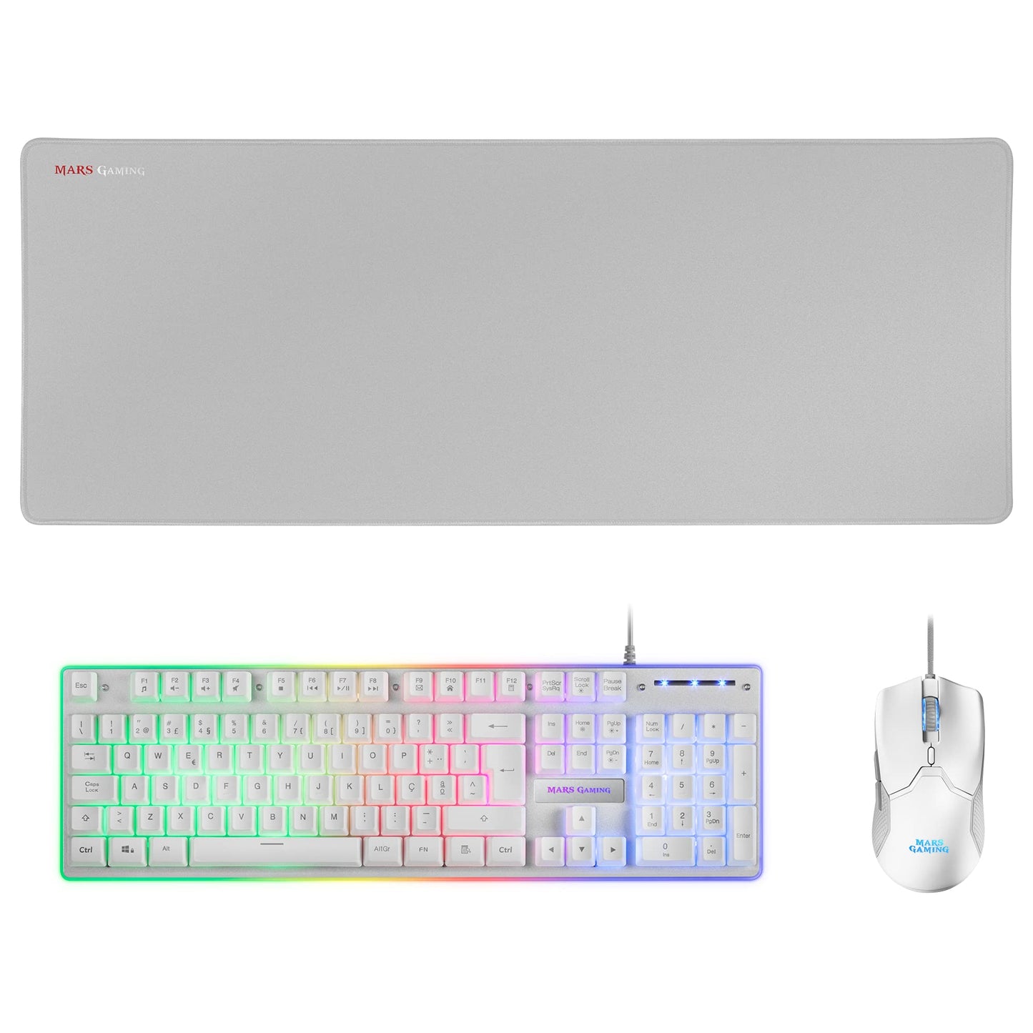 MARSGAMING MCP-RGB3, Pack Gaming Keyboard Fixed RGB + Gaming Mouse RGB Flow 3200 DPI + Headset Over-Ear RGB + XXL Mouse Pad, White, Portuguese Language