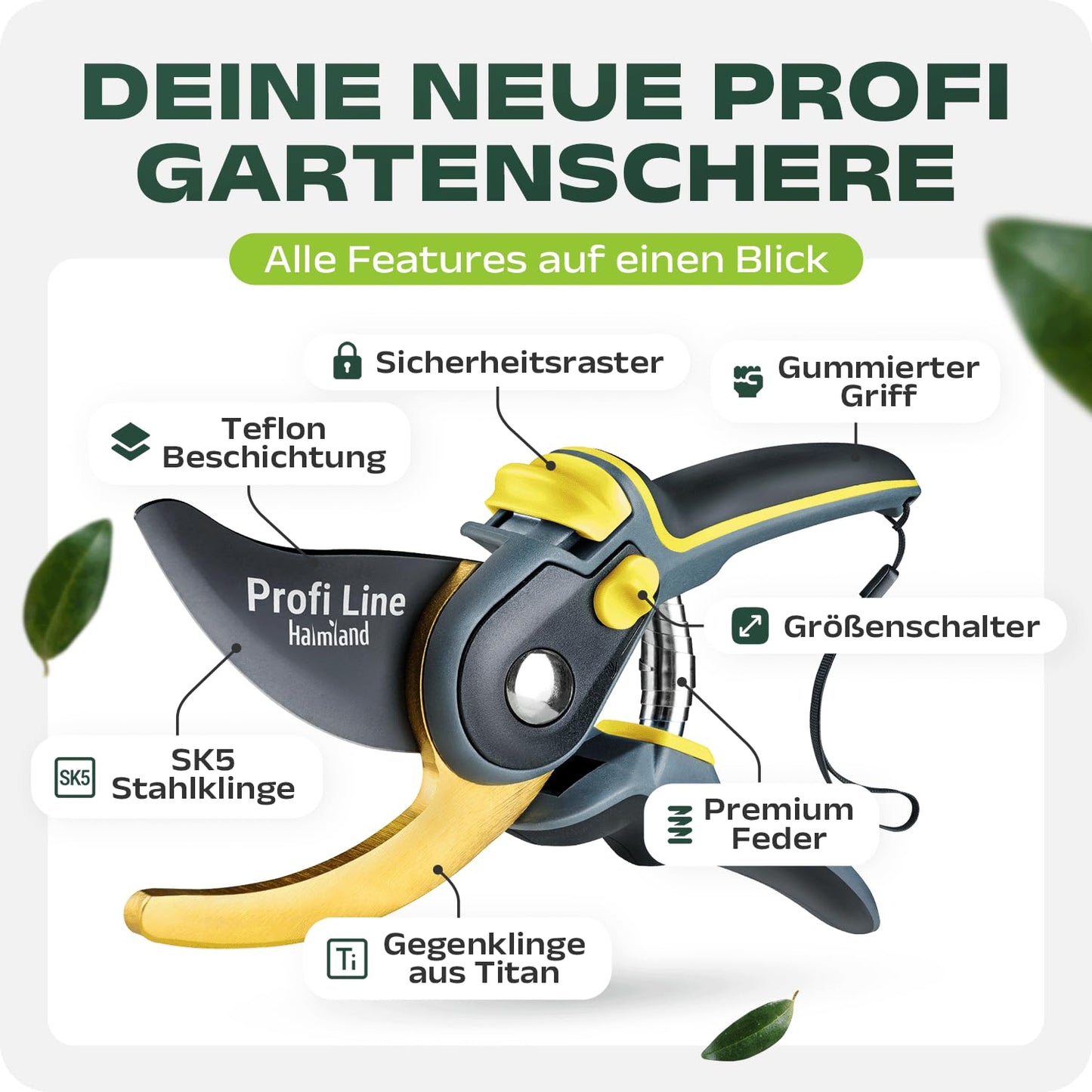 halmland® Premium Gartenschere mit scharfer SK5 Stahlklinge | Astschere, Pflanzenschere | schneidet Äste bis 20mm Durchmesser | Teflon-Antihaftbeschichtung | für große & kleine Hände | Gelb