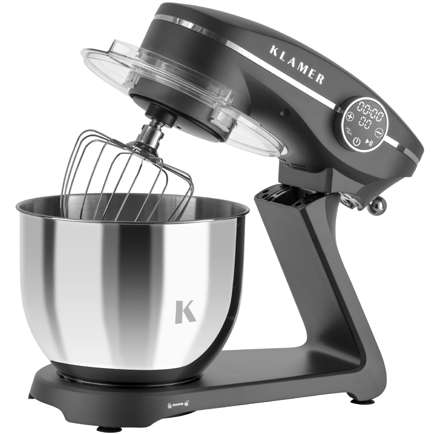 KLAMER Küchenmaschine 1800W, Knetmaschine Brotteig mit Edelstahl-Rührschüssel 6 L, 10 Stufen mit Timer, Planetenrührwerk, Rührbesen, Knethaken, Schneebesen & Sichtdeckel (schwarz)