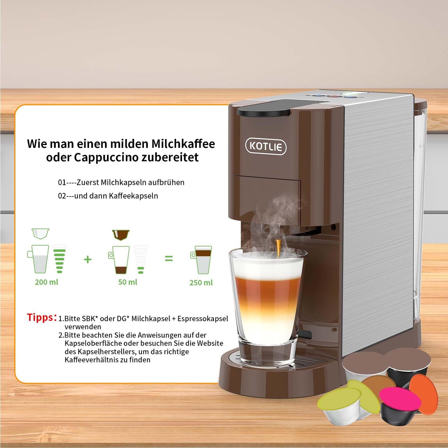 KOTLIE Espresso Kaffeemaschine, 4 in1Kaffeemaschine für NES/DG/Mehl/ESE Kapsel Espressomaschine, 19 Bar