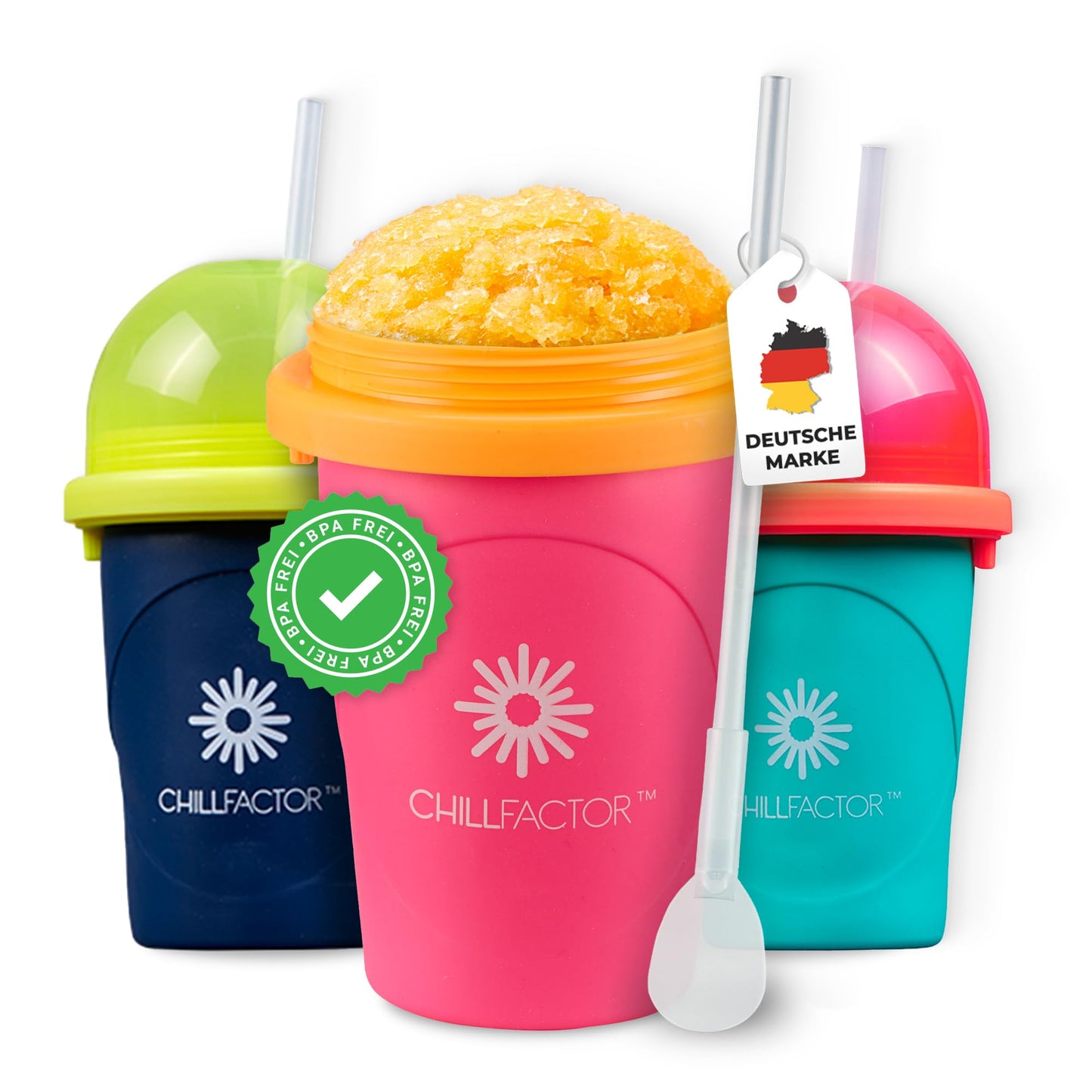 Magic Freez Slushy Maker – Tragbarer Slushy Becher aus Silikon mit 2-in-1 Strohhalm und Löffel – Slush Ice Maker für erfrischende Slushies – Slushi Cup zum Slush Eis selbermachen – 370ml