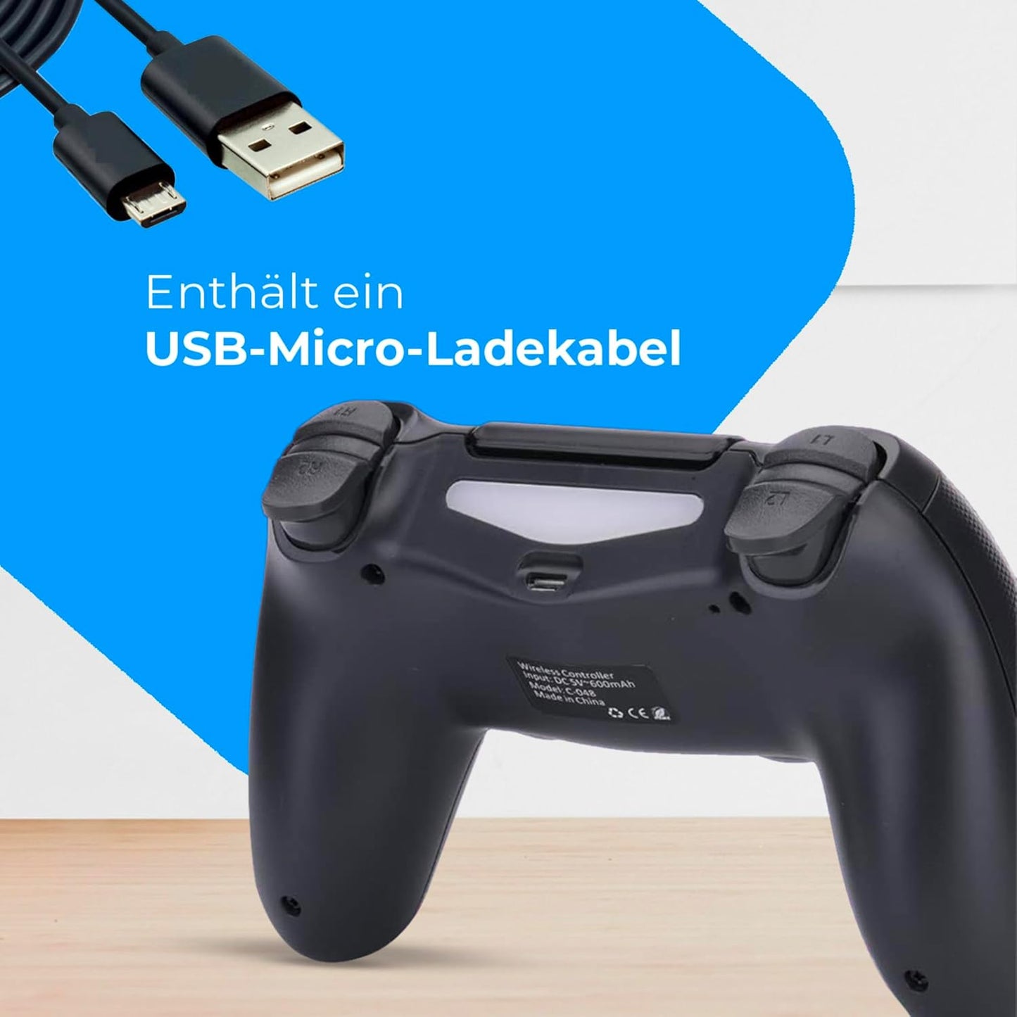 NK Wireless Controller für PS4 / PS3 / PC/Mobile - Wireless Controller mit Vibration, 6-Achsen-Erkennungsfunktion, LED-Licht, Touchpanel, Kopfhörerbuchse, inkl. Ladekabel - Schwarz