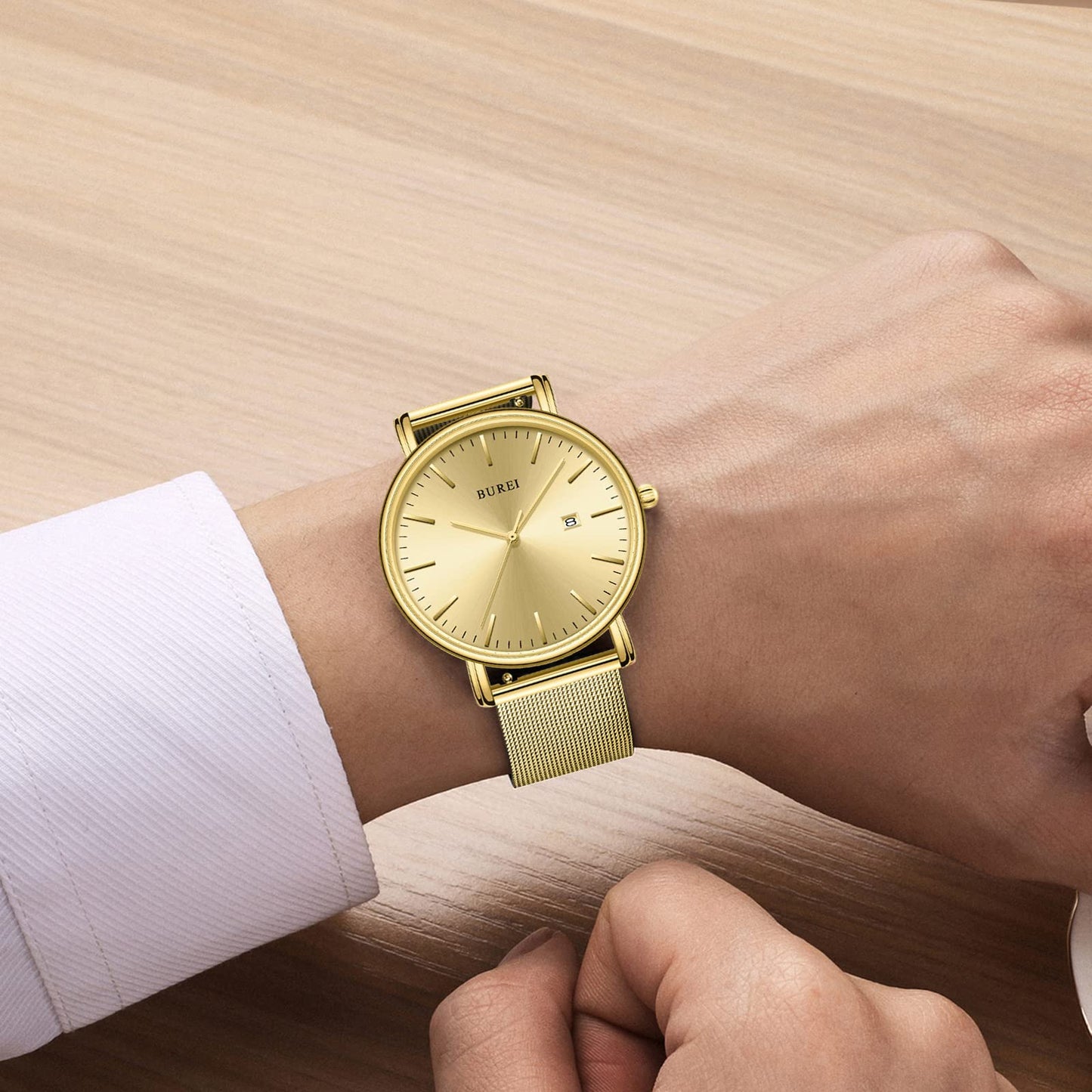 BUREI Ultra Dünne Uhren Herren Schwarze Analoges Datum Armbanduhr Herren mit Japanisches Quarzwerk, Geschenke für Männer