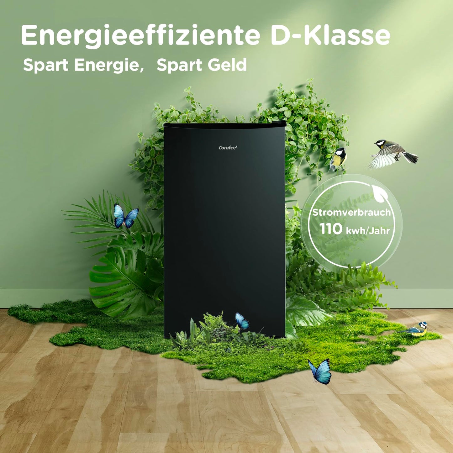 Comfee' RCD115DK2 Kühlschrank mit Gefrierfach/ 80L Tischkühlschrank/Obst- und Gemüsefach/ 84,5cm Höhe / 47,5cm Breite / 137kWh/Jahr/Einstellbare Temperaturregelung/Verstellbare Füße/Schwarz