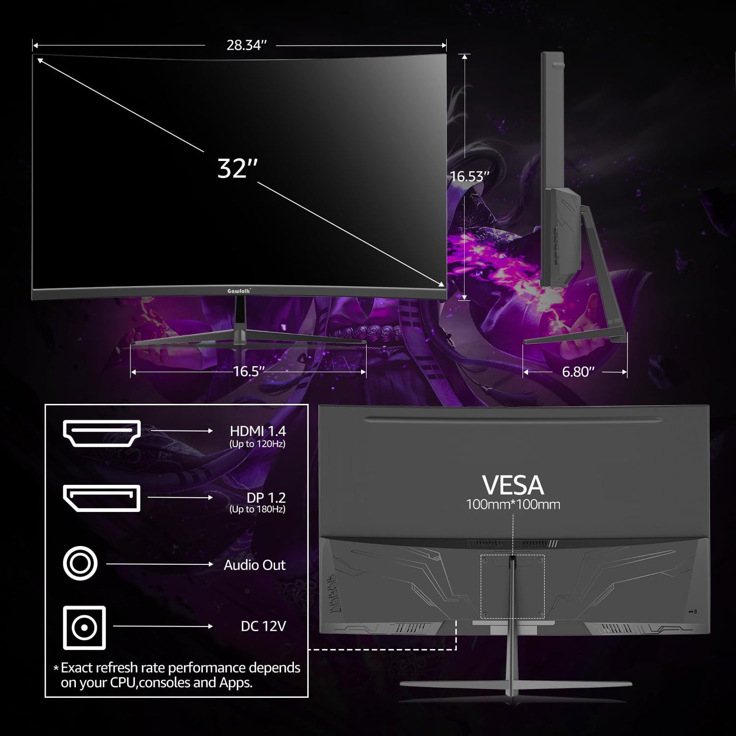 Gawfolk Curved Monitor 27 Zoll 100Hz, PC Bildschirm mit Lautsprecher 1080P, 1800R 75Hz Computerbildschirm mit Eye Care Technologie HDMI VGA, unterstützt VESA