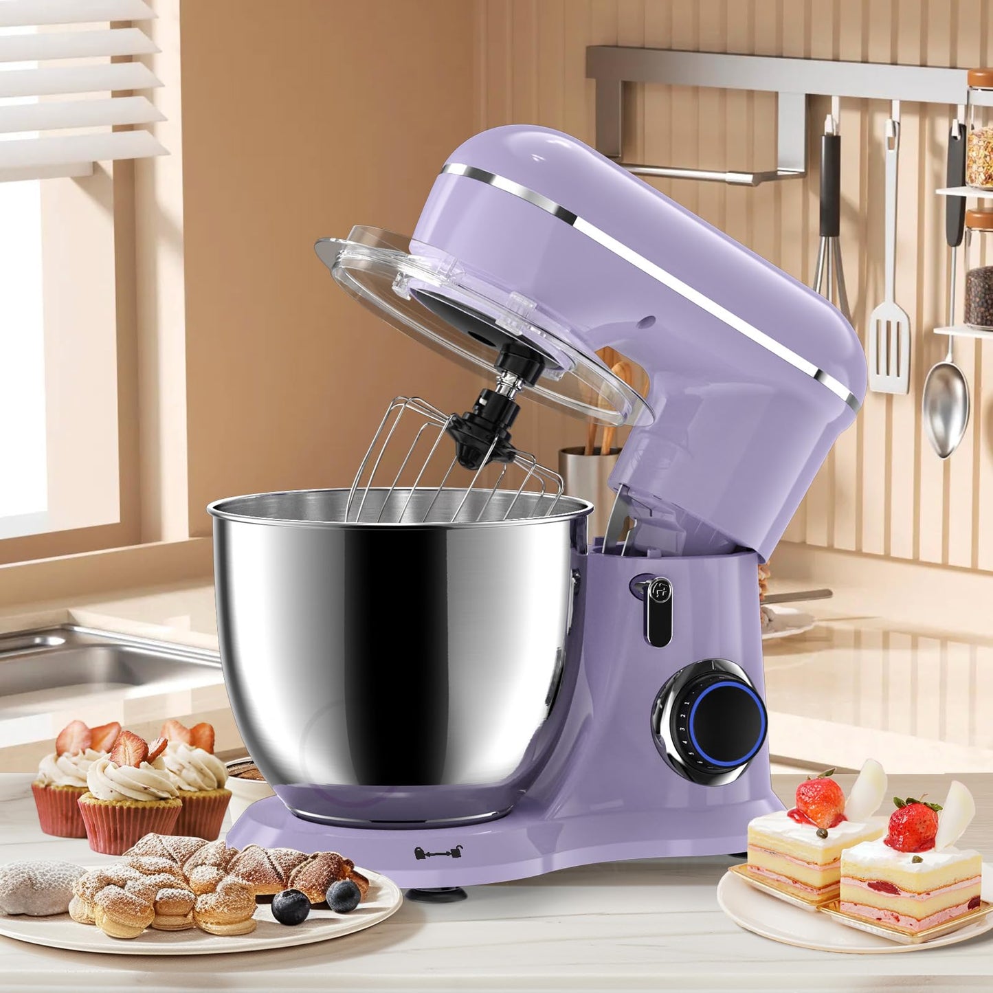 Küchenmaschine,Küchenmaschine Teigmaschine,10 Geschwindigkeit,Küchenmaschine zum backen mit 6.5 QT Edelstahl-Rührschüsseln und 3 Rührwerkzeuge (Rührhaken,Knethaken,Schlagbesen) 660W (Vine Purple)