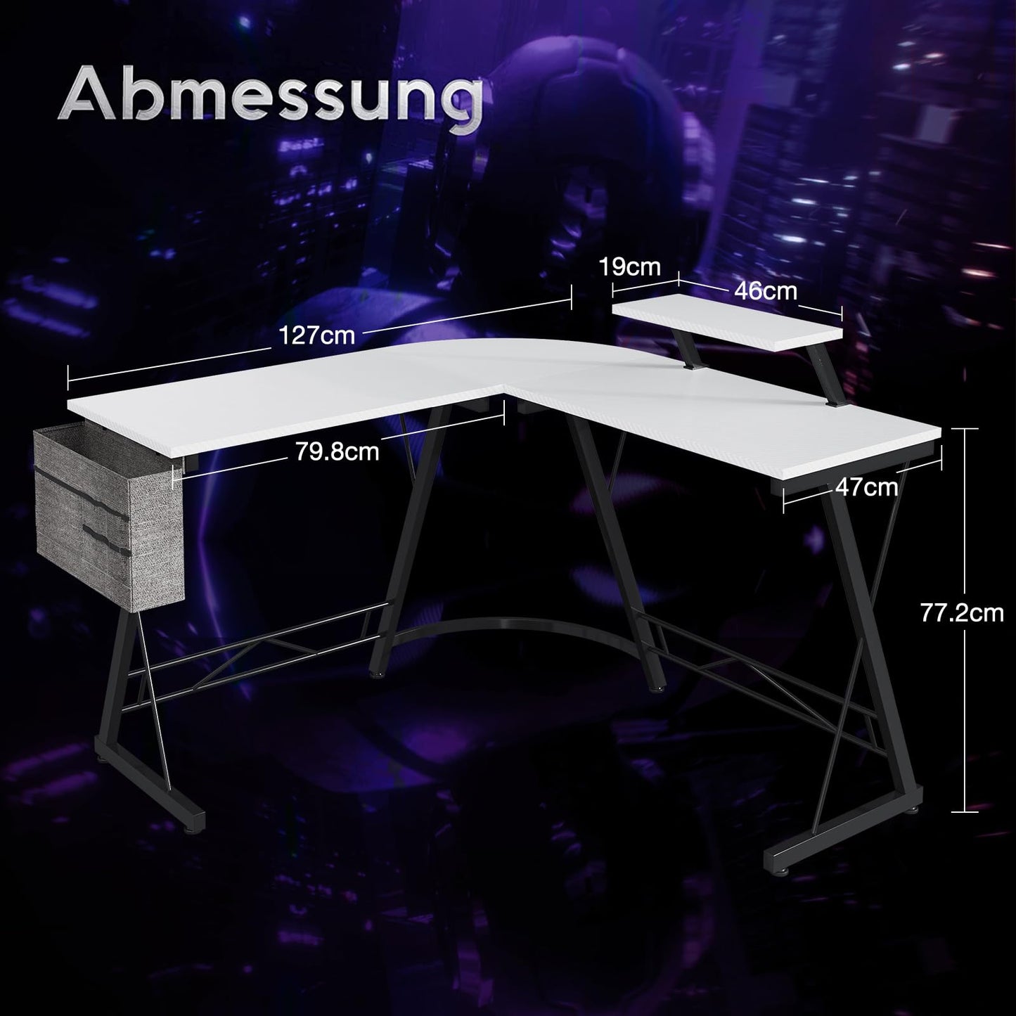 ODK Gaming Tisch, Gaming Schreibtisch Eckschreibtisch für Gamer, Schreibtisch L Form mit Monitorständer für Büro (Schwarz, 127 x 127 cm)