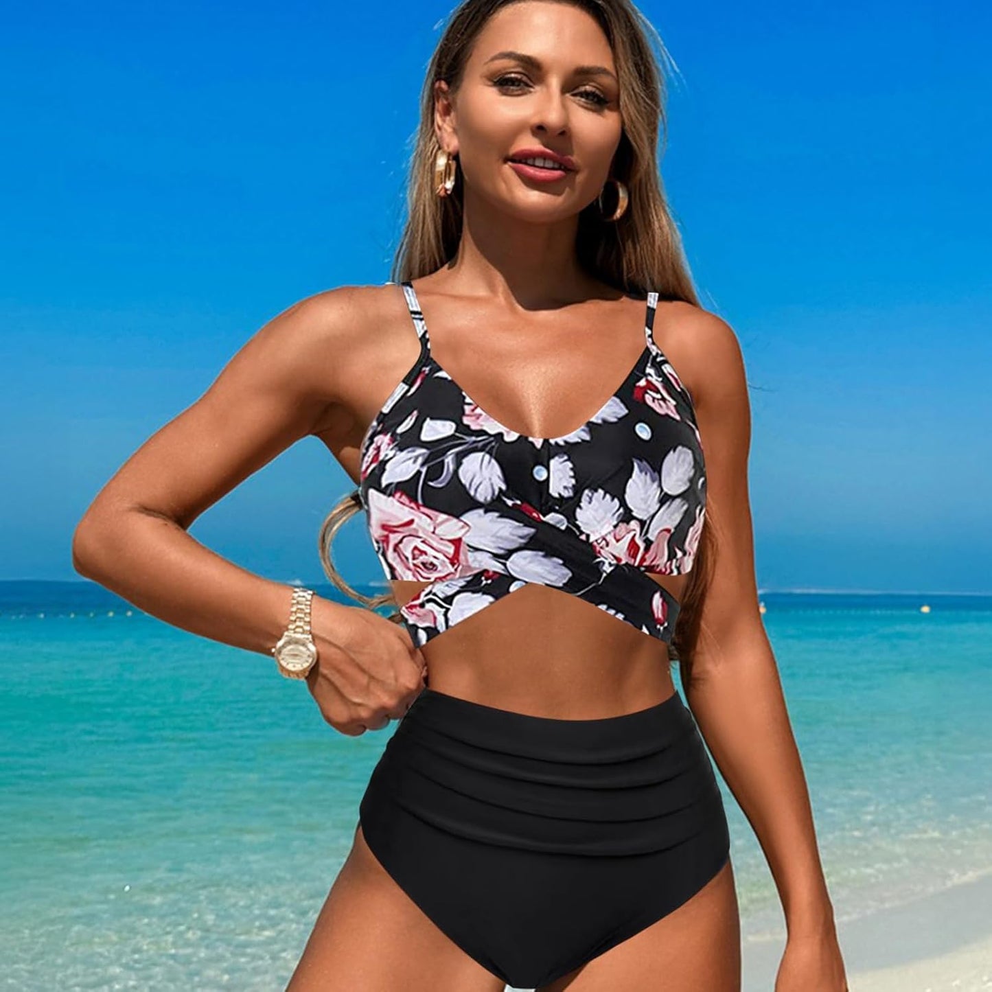 Women's High-Waist Push-Up Bikini Set – Two-Piece Swimwear with Adjustable Straps