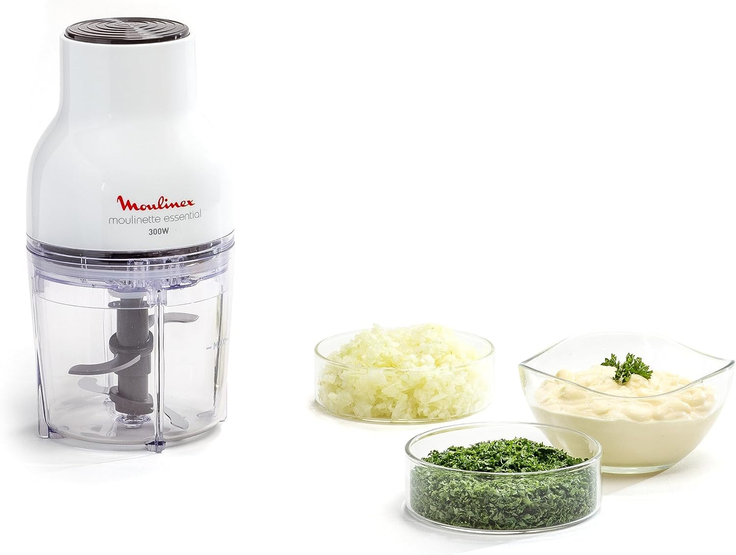 Moulinex Moulinette Essential DJ5201 3-in-1 Zerkleinererer, Mixen und Schneiden, Druckdeckel-System 300 W, Fassungsvermögen 0,4 l