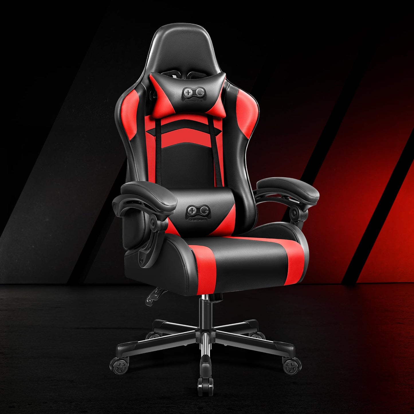 OneGame Ergonomischer Gaming Stuhl, hoher Rücken Computer Gamer Stuhl, höhenverstellbarer Game Stuhl, Racing Style Gaming Bürostuhl mit Kopfstütze und Lendenwirbelstütze, Schwarzweiß