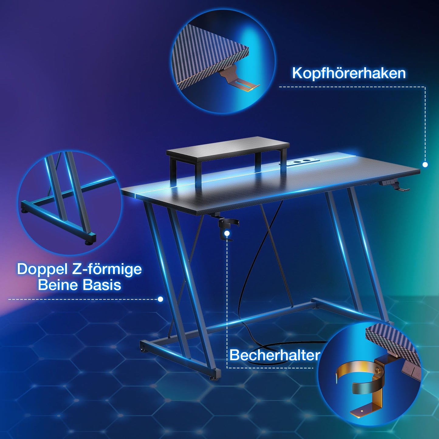 ODK Gaming Tisch mit LED & Steckdose, Gaming Schreibtisch mit Becherhalter und Kopfhörerhaken, Doppel-Z-Rahmen-Design Kleiner Computertisch, Carbon Fiber Schwarz PC Tisch 120 cm