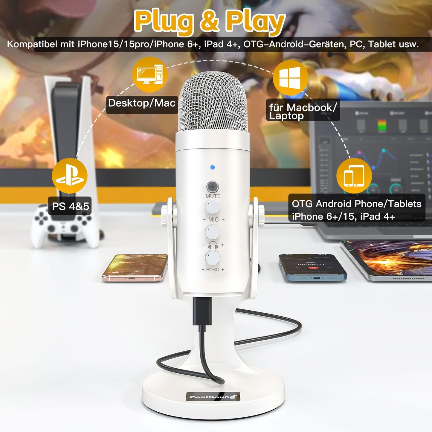 zealsound USB Mikrofon, Kondensator Mikrofon für PC Handy, PS4, PS5, Microphone PC USB C für Gaming, Podcast,Aufnahmen,Streaming,ASMR mit Stumm/Gain/Echo, Adapter für Phone,Kompatibel mit Mac, Winows