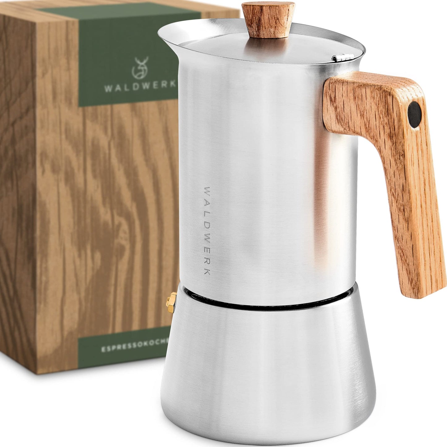 WALDWERK Espresso Maker (300 ml) – Espresso Maker Suitable for All Types of Cookers – Stainless Steel Mocha Pot with Wooden Handle Made of Real Oak Wood