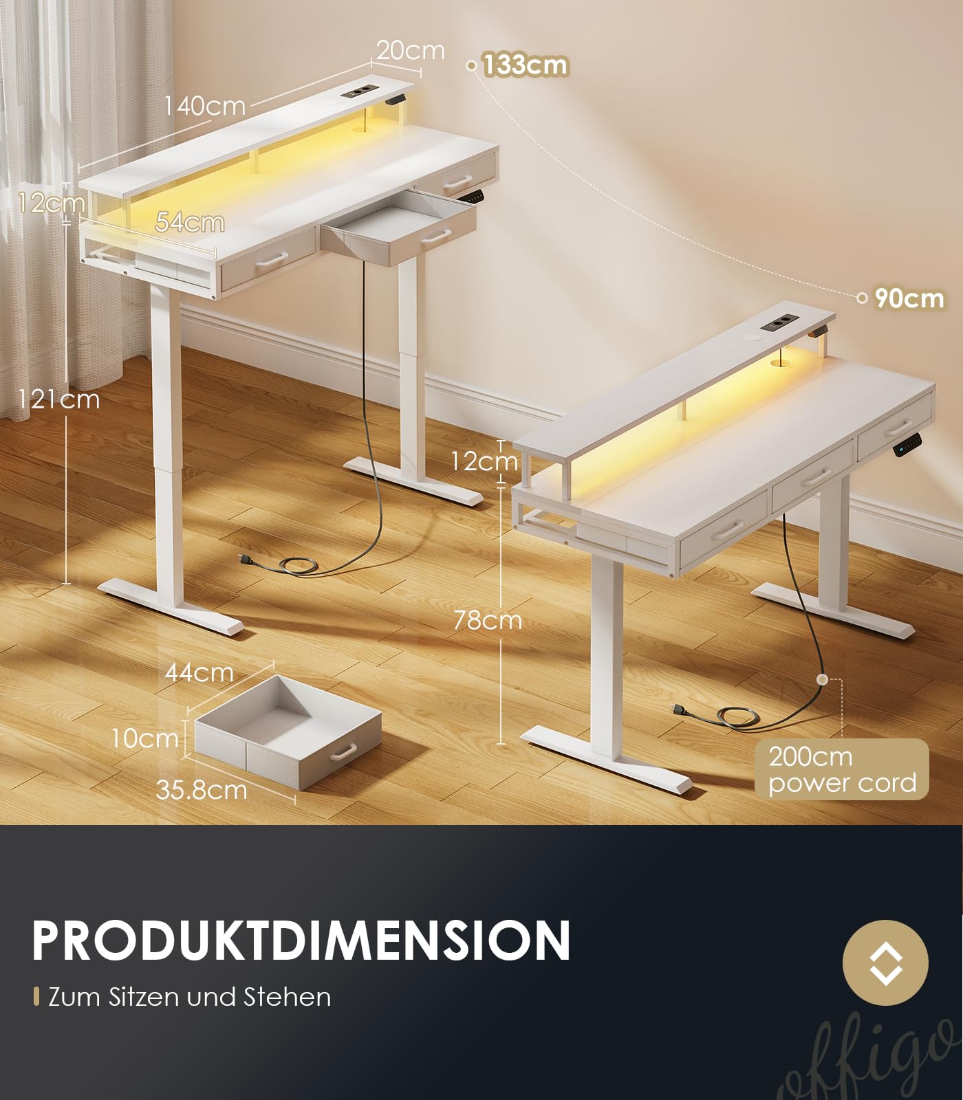 OffiGo Elektrischer Schreibtisch mit Schubladen, 120cm Höhenverstellbarer Schreibtisch mit Monitorständer, Gaming Tisch mit Steckdosen und Lichtleiste, Tisch Höhenverstellbar Bürotisch, Weiß