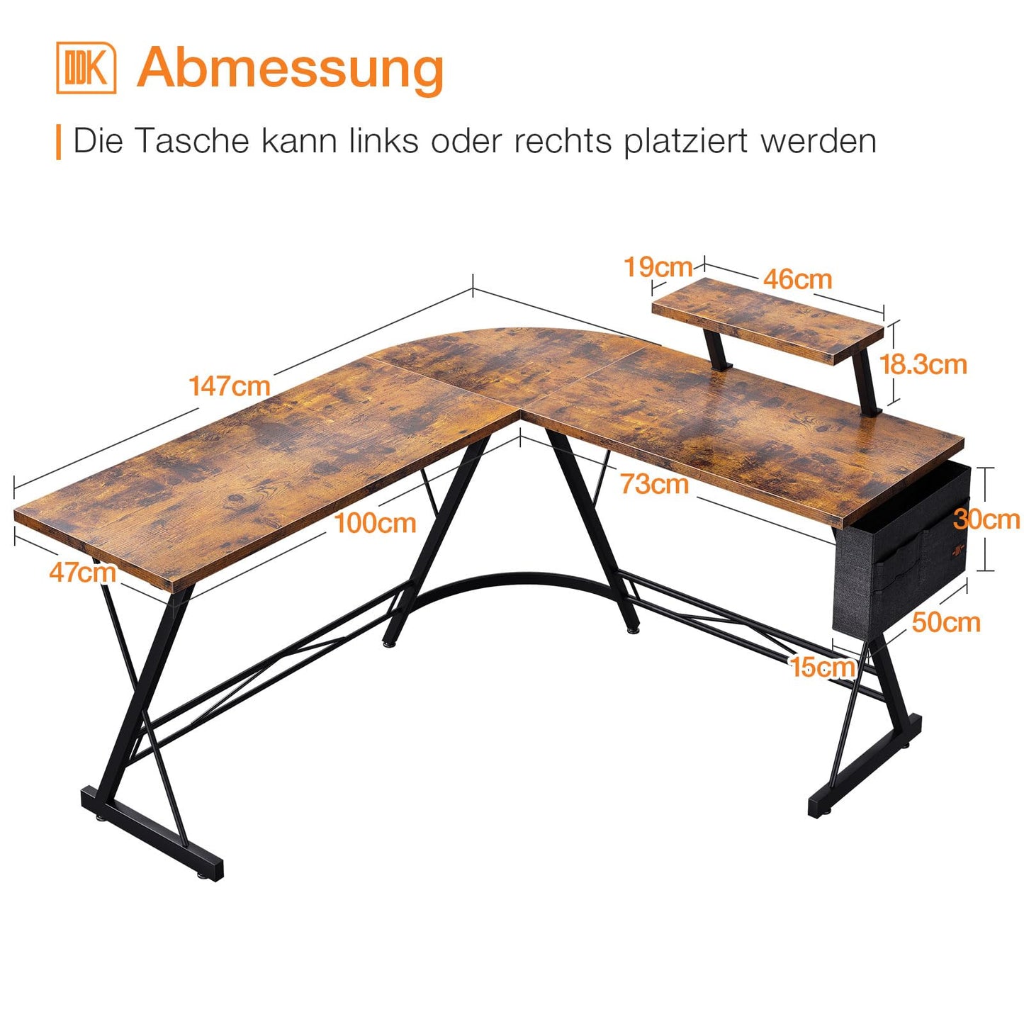 ODK Gaming Tisch, Gaming Schreibtisch Eckschreibtisch für Gamer, Schreibtisch L Form mit Monitorständer für Büro (Schwarz, 127 x 127 cm)