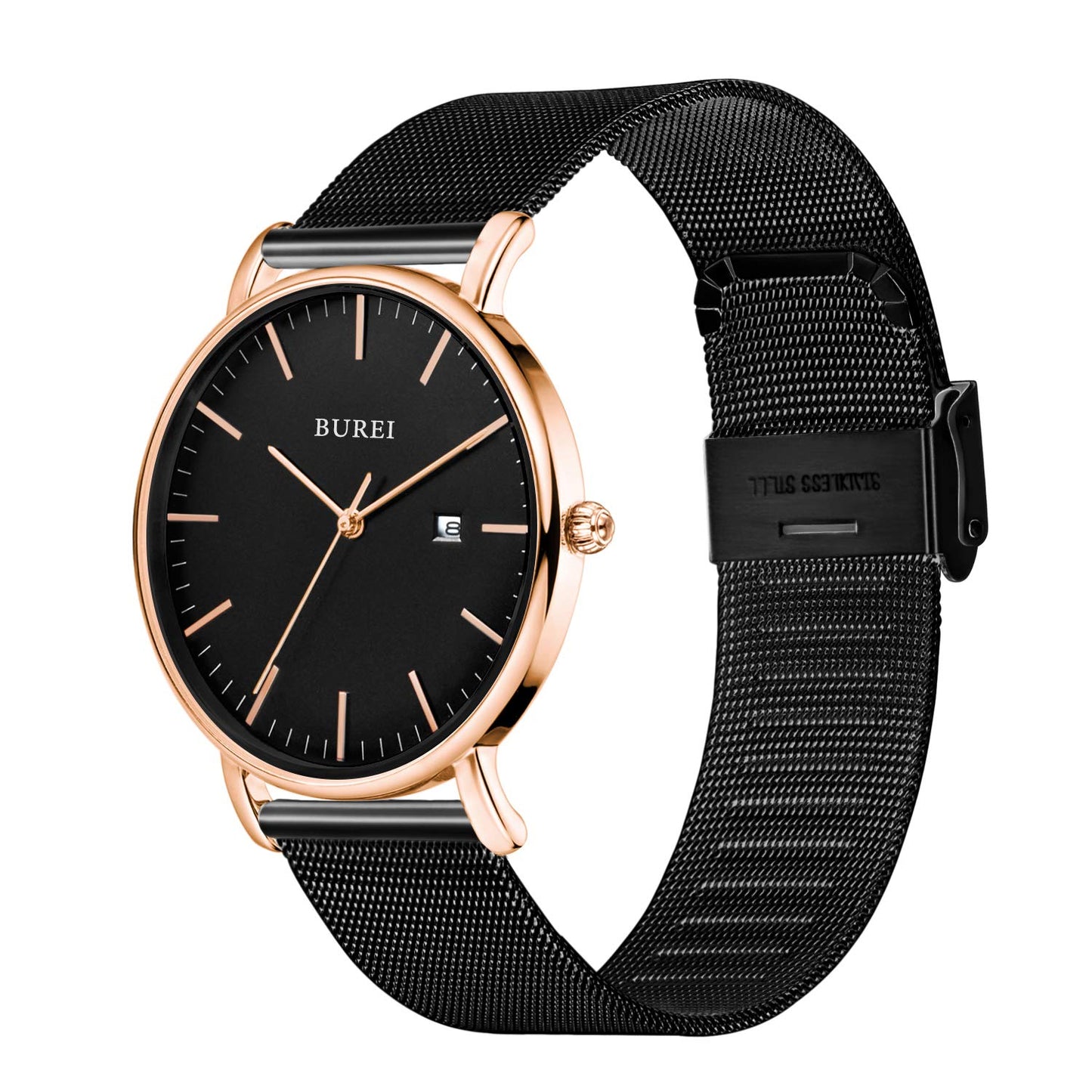 BUREI Ultra Dünne Uhren Herren Schwarze Analoges Datum Armbanduhr Herren mit Japanisches Quarzwerk, Geschenke für Männer