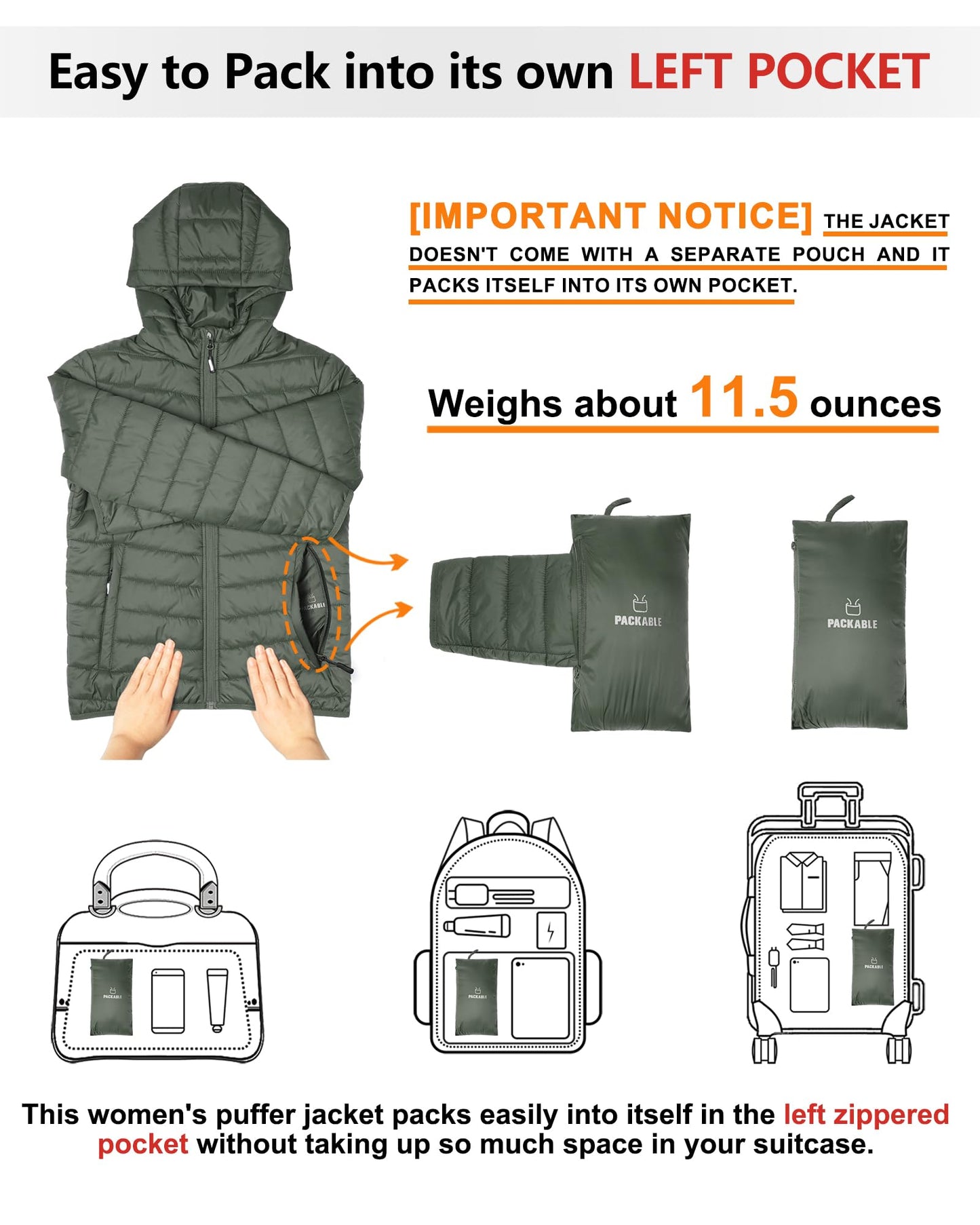 Outdoor Ventures Women’s Lightweight Hooded Puffer Jacket