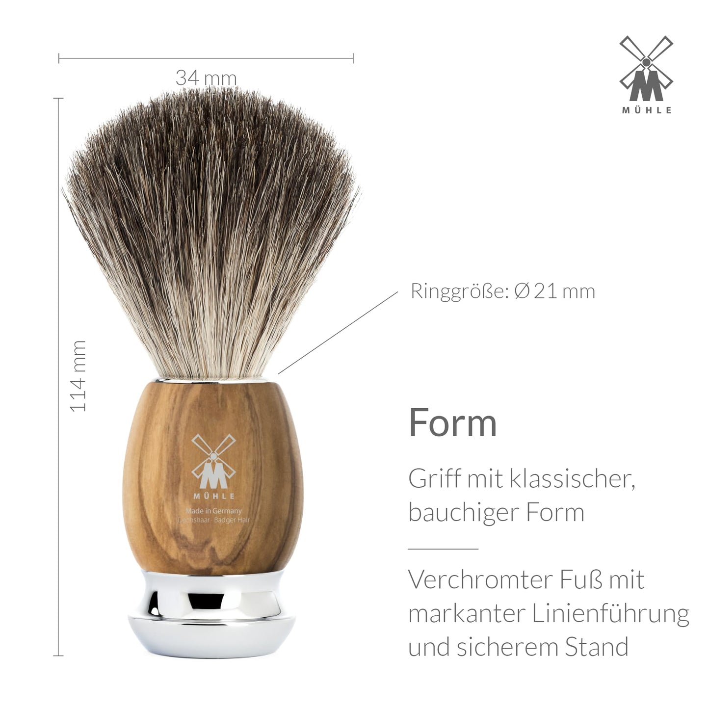 MÜHLE Vivo Rasierset kompatibel mit Gillette-Klingen, Dachshaar-Rasierpinsel, Halterung mit Schale - Olivenholz-Griffe