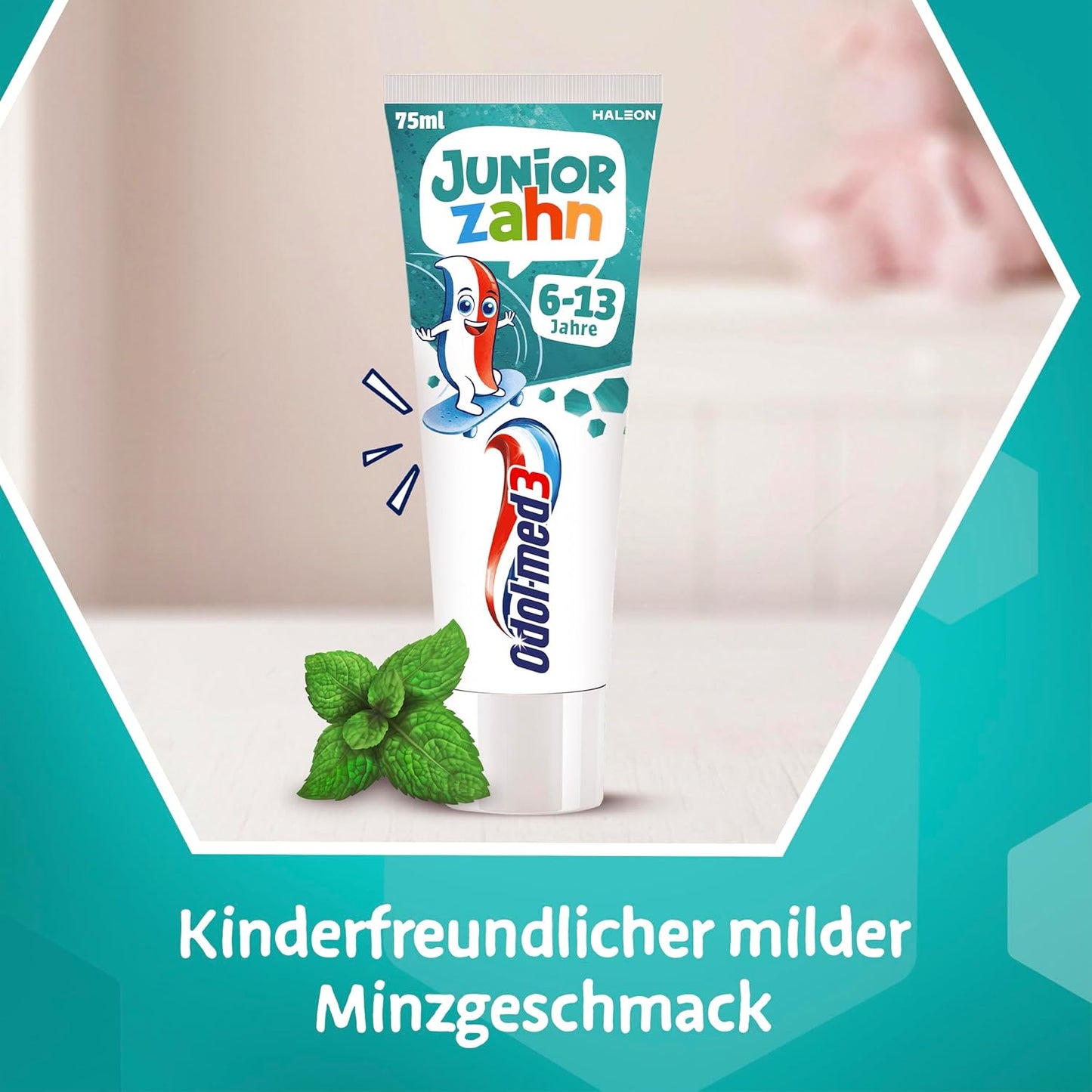 Odol-med3 Juniorzahn Zahnpasta, Zahnpasta Kinder ab 6 Jahren, Zahncreme zum Schutz von Milchzähnen und bleibenden Zähnen, ohne Titandioxid, künstliche Aromen & Süßstoffe, 75ml