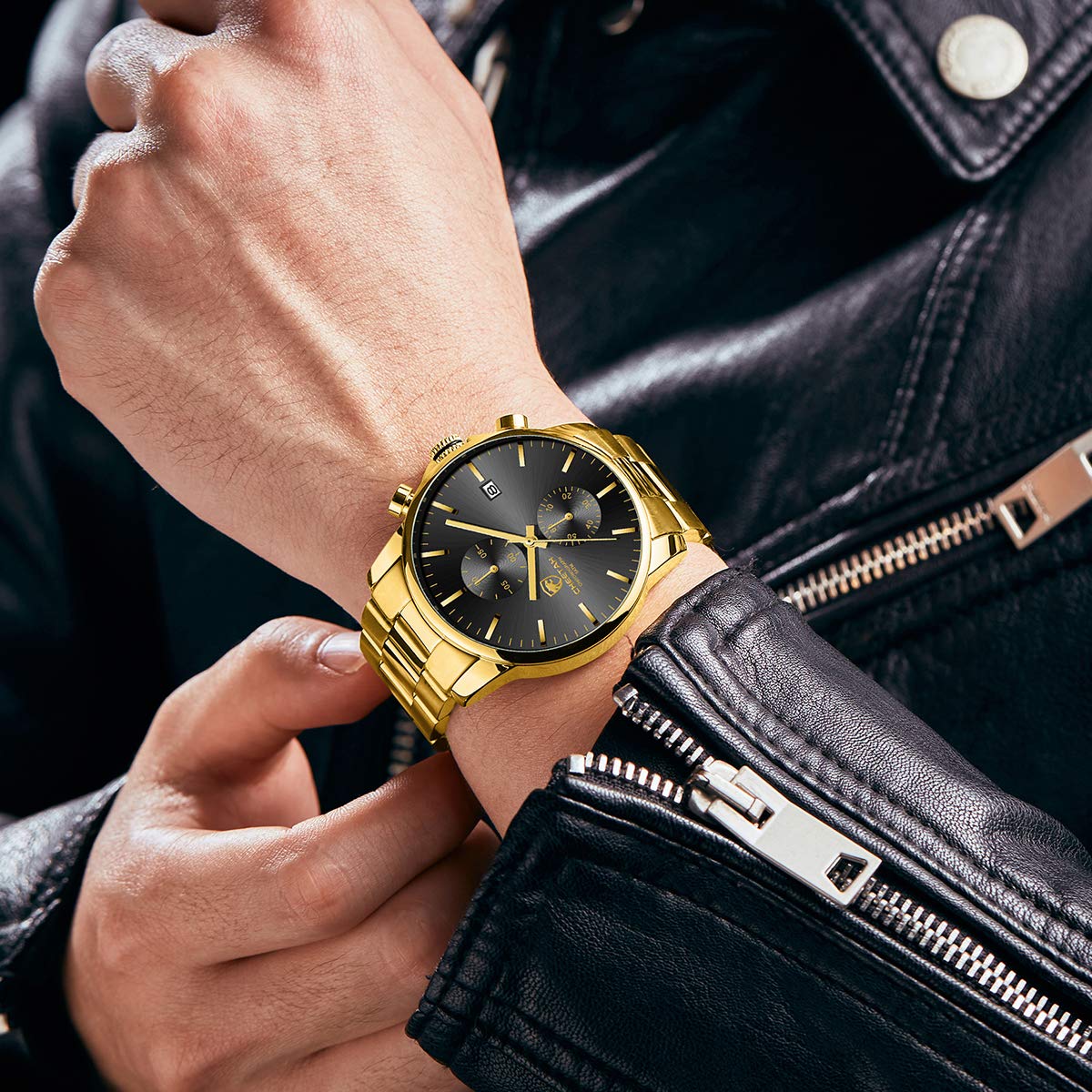 Herrenuhren mit lässiger wasserdichter Chronographen Quarzuhr aus Edelstahl und Metall, Auto Date in farbenfrohen Zeigern