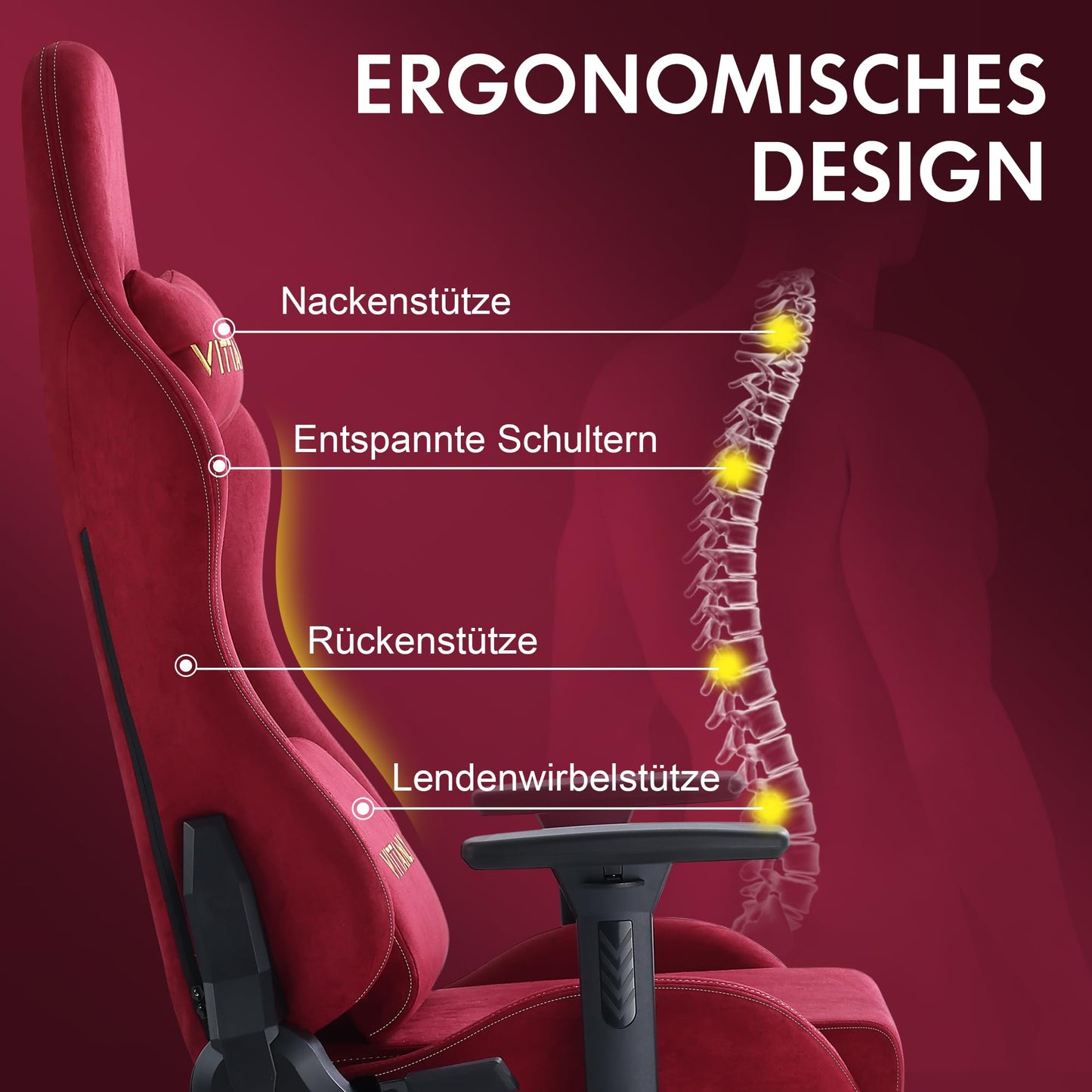 Vittanly Gaming Chair, Luxurious Breathable Imitation Suede Office Chair Gaming Chair, Ergonomic Gamer Chair with Footrest Headrest and Lumbar Cushion, 3D Armrests, 90-155° Backrest, Gray