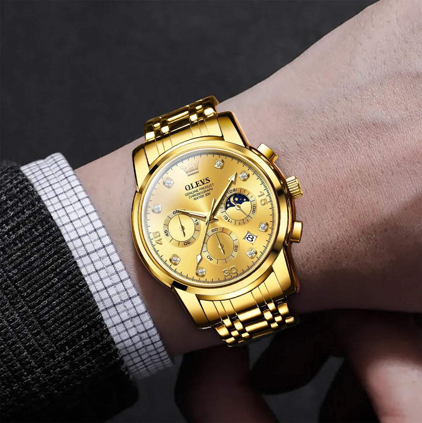 OLEVS Uhren Herren, Edelstahl Analoger Quarzuhr, Multifunktionale Diamanten Herrenuhren, Klassisches Luxuskleid Herrenuhr