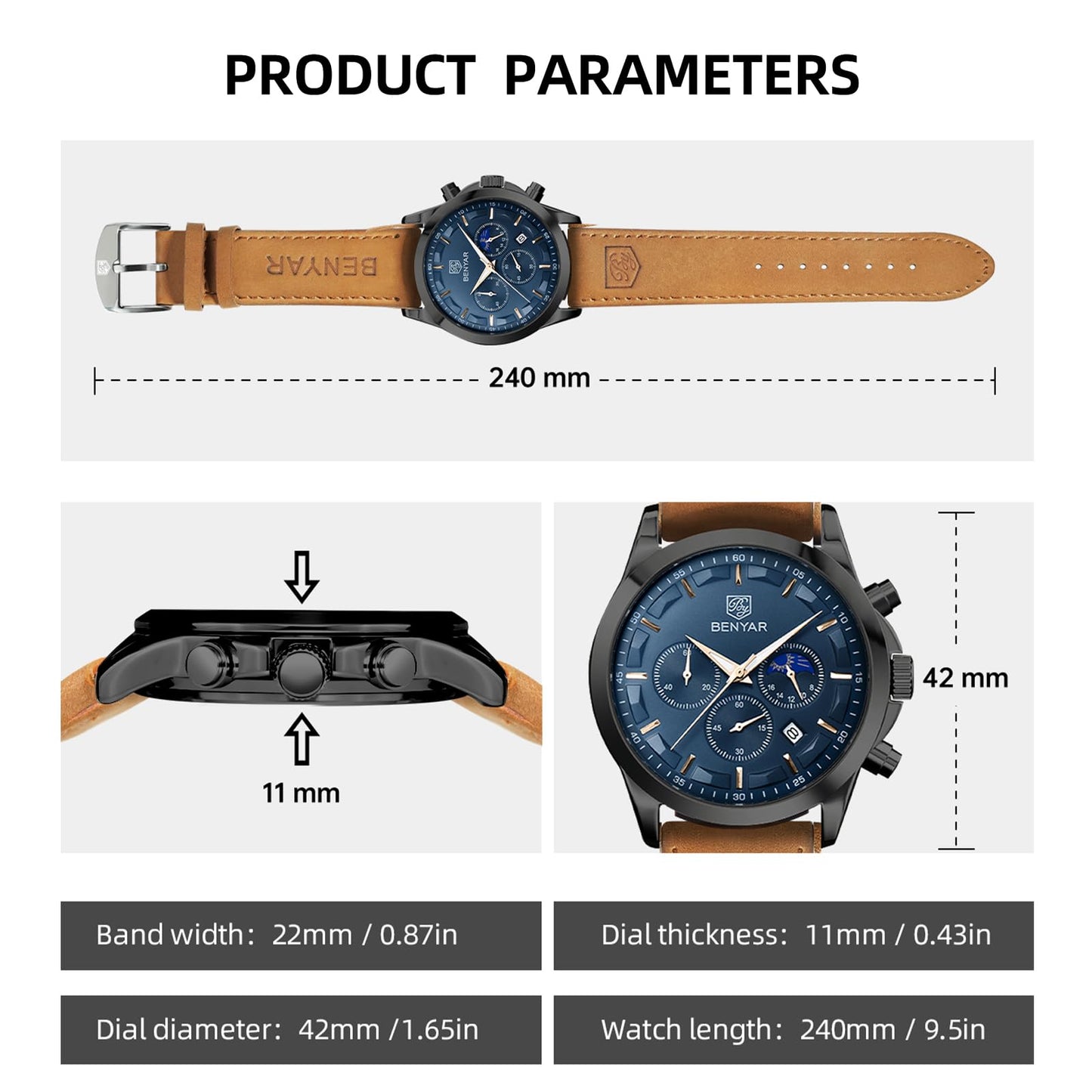 BY BENYAR Uhren Herren Chronograph Analog Quarz Wasserdicht Armbanduhr Herren Mode Lässig Business Herrenuhr mit Kalender Lederarmband/Edelstahlarmband Uhr Geschenk für Männer