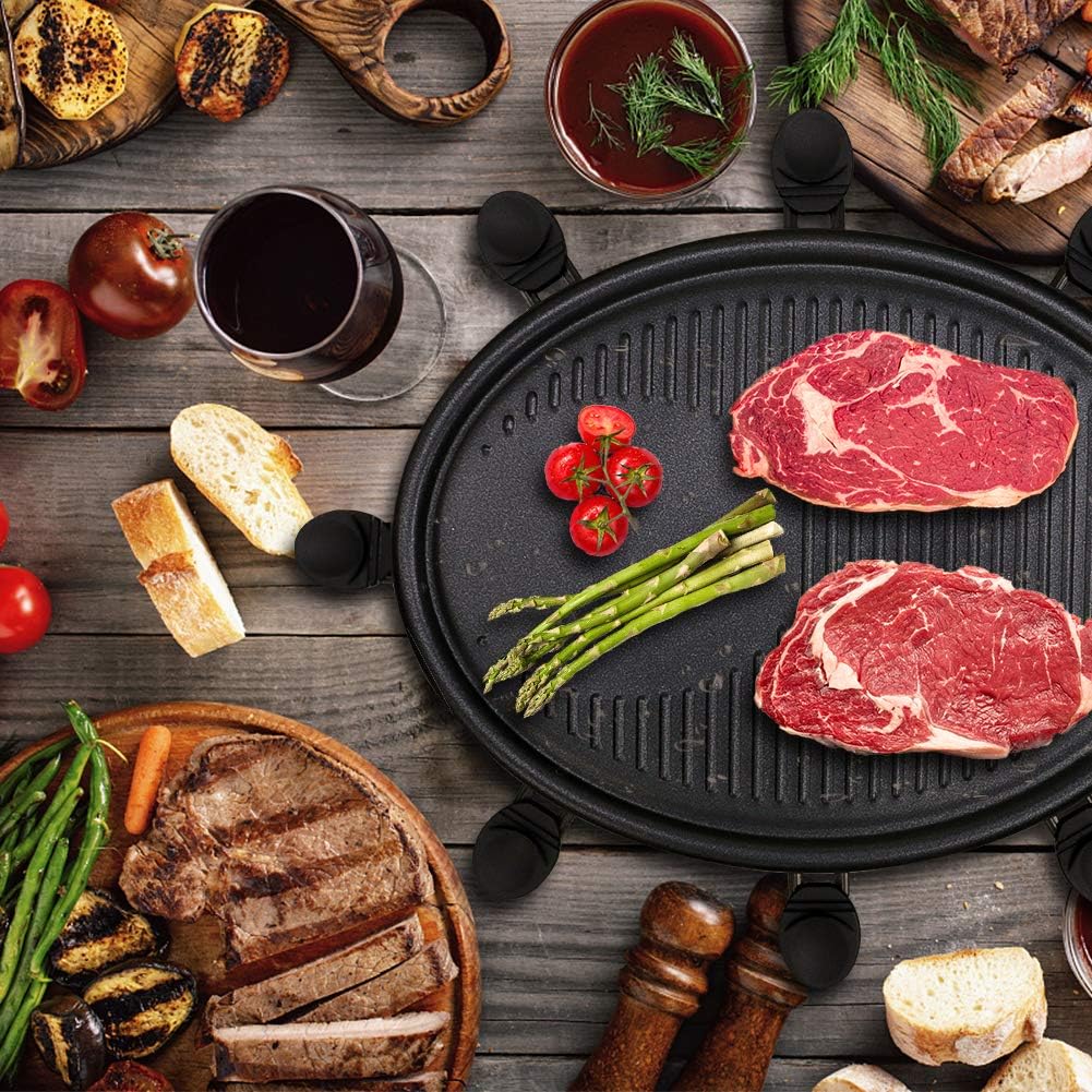 Raclette 8 Personen - Raclette Grill mit 8 Raclette Pfännchen und 2 Holzspateln Antihaftbeschichtung Thermostat Barbecue Grill Elektrische Grillpfannen für Familie - 1300W