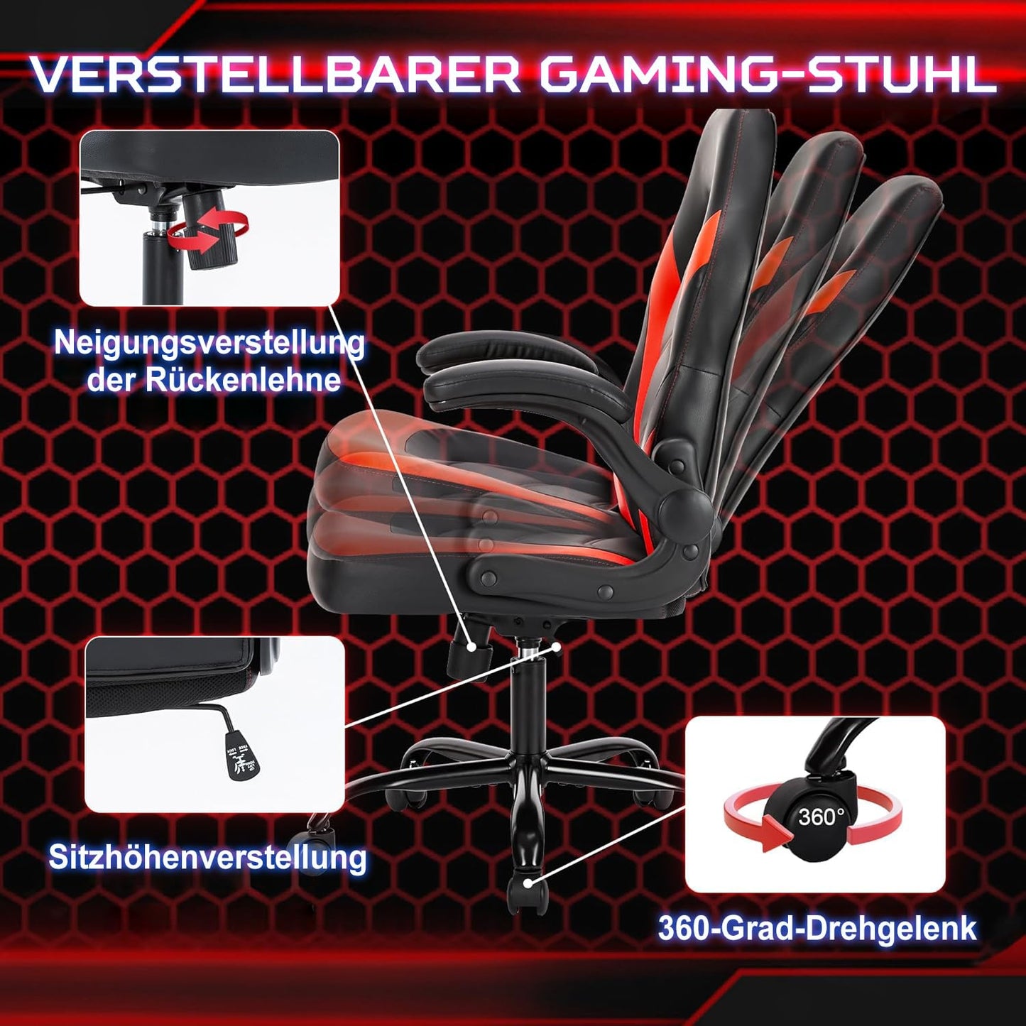 DUMOS Gaming Chair - Ergonomic Gaming Chair, Adjustable Swivel Gaming Chair Made of PU Leather with Folding Armrests, Suitable for Home, Offices etc. (Black-Gray)