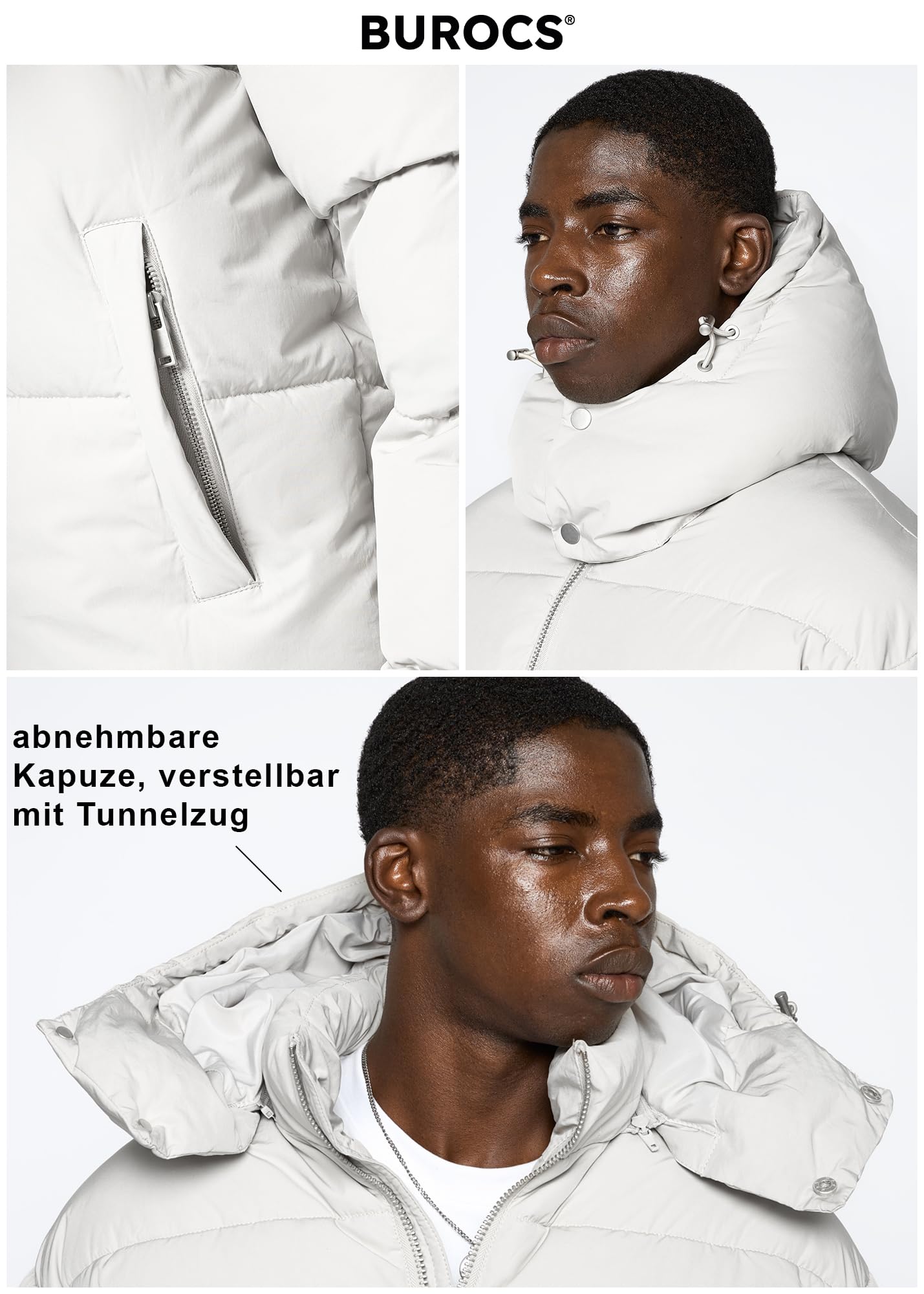 Burocs Hooded Puffer Jacket - Black - Jacke Herren - 2-Wege-Reißverschluss - abnehmbare Kapuze - Logo am Rücken - Kordelzug