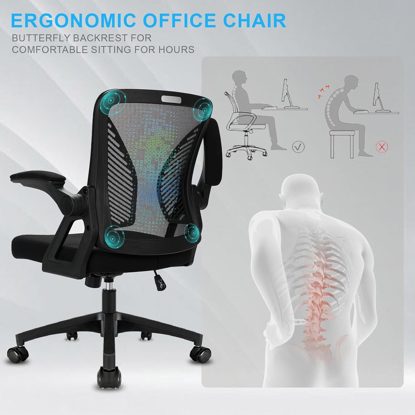 Milacyee Bürostuhl,Ergonomischer Schreibtischstuhl,Drehstuhl mit klappbaren Armlehnen,Verstellbare Lendenwirbelstütze,Höhenverstellbarer Chefsessel, Netzstuhl mit Wippfunktion bis zu 130°,Schwarz