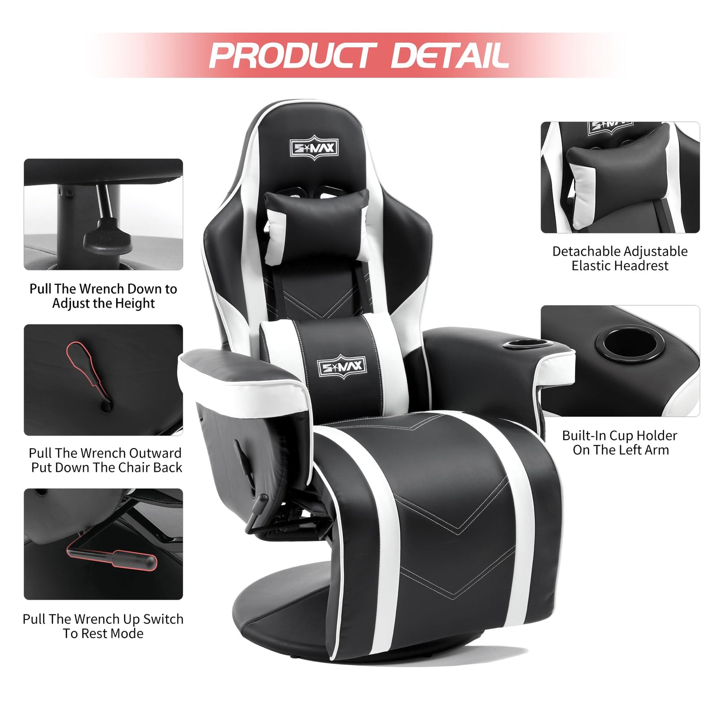 S*MAX Gaming Stuhl mit Fußstütze Gaming Sessel hoher Rückenlehne mit Verstellbarer Rückenlehne Becherhalter Seitentasche Gaming Stühle für Erwachsene Schwarz
