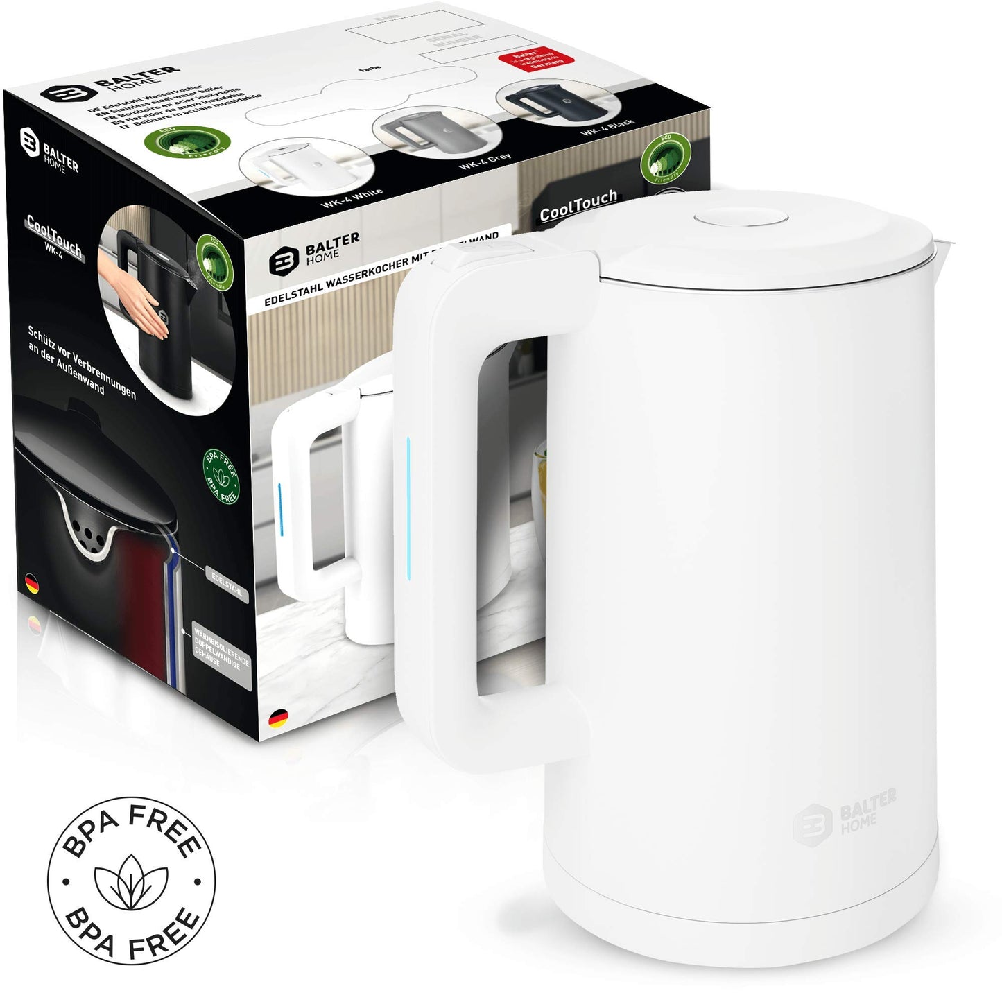 Balter Wasserkocher Edelstahl WK-4, 1,7 Liter, elektrischer Wasserkocher, Doppelwand Design, BPA frei, LED, Teekocher Kompakt, leise (Schwarz)