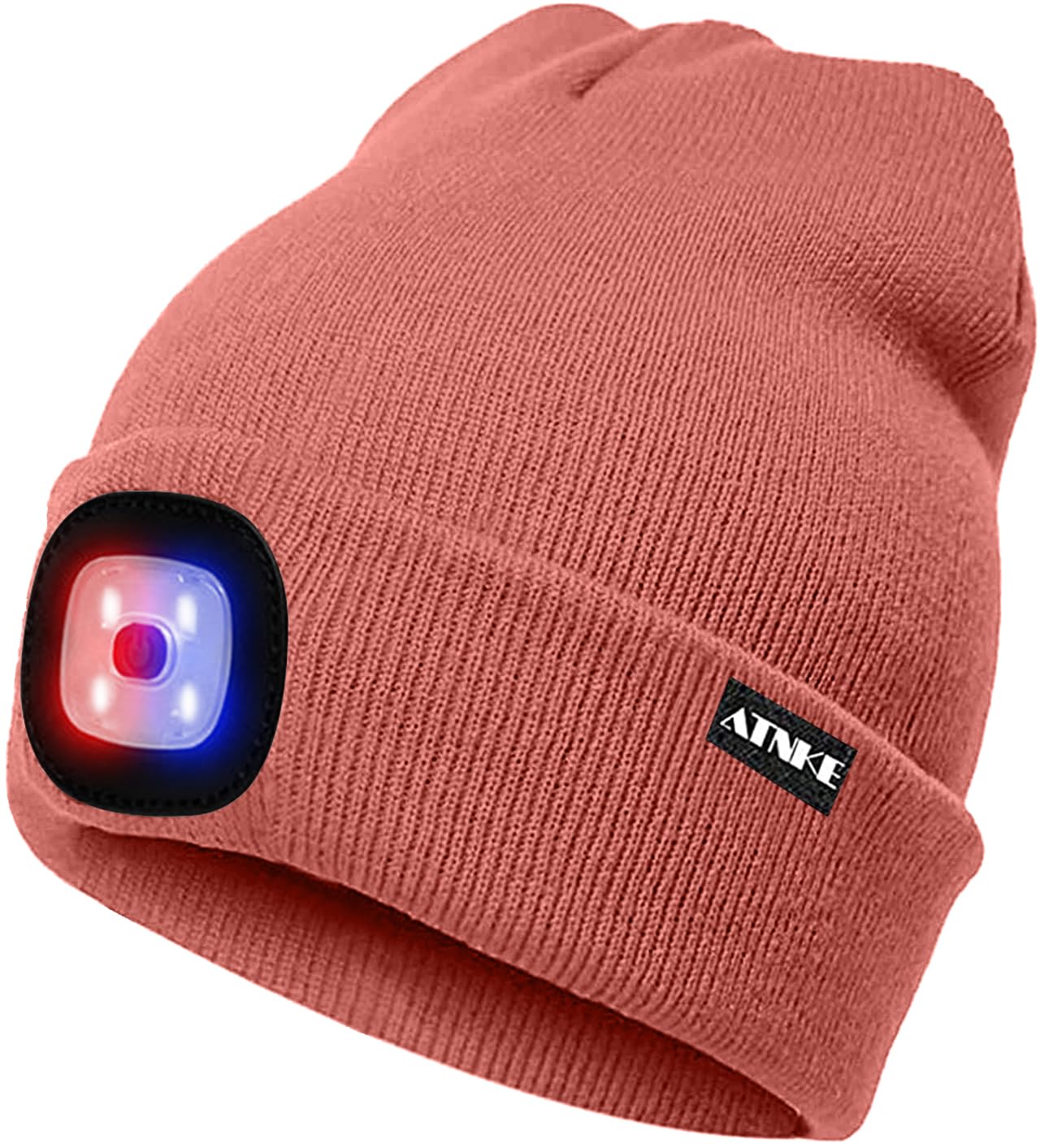 ATNKE LED Beleuchtete Mütze,Wiederaufladbare USB 4 LED Rot und Blau Leuchten Blinkender Laufmütze mit Licht Extrem Heller Lampe Winter Warme für Herren und Damen Geschenke