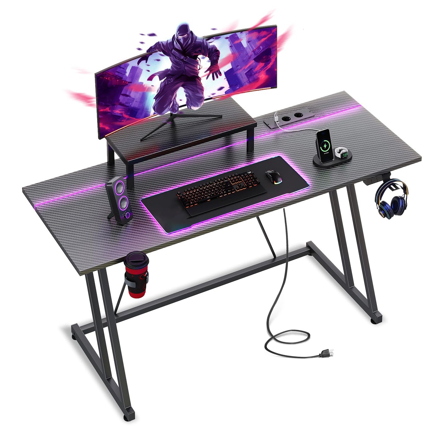 ODK Gaming Tisch mit LED & Steckdose, Gaming Schreibtisch mit Becherhalter und Kopfhörerhaken, Doppel-Z-Rahmen-Design Kleiner Computertisch, Carbon Fiber Schwarz PC Tisch 120 cm