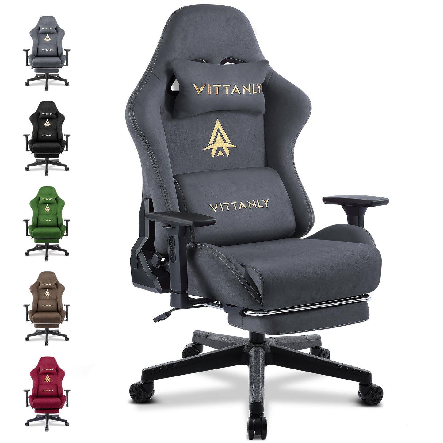 Vittanly Gaming Chair, Luxurious Breathable Imitation Suede Office Chair Gaming Chair, Ergonomic Gamer Chair with Footrest Headrest and Lumbar Cushion, 3D Armrests, 90-155° Backrest, Gray