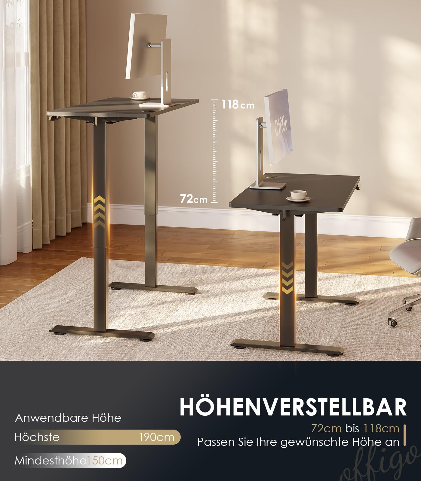OffiGo Höhenverstellbarer Schreibtisch, 180cm, Elektrischer Schreibtisch mit USB, Schreibtisch Höhenverstellbar mit 2 Memory Funktion, Tisch Höhenverstellbar für Büro, Zuhause, Gaming, Schwarz