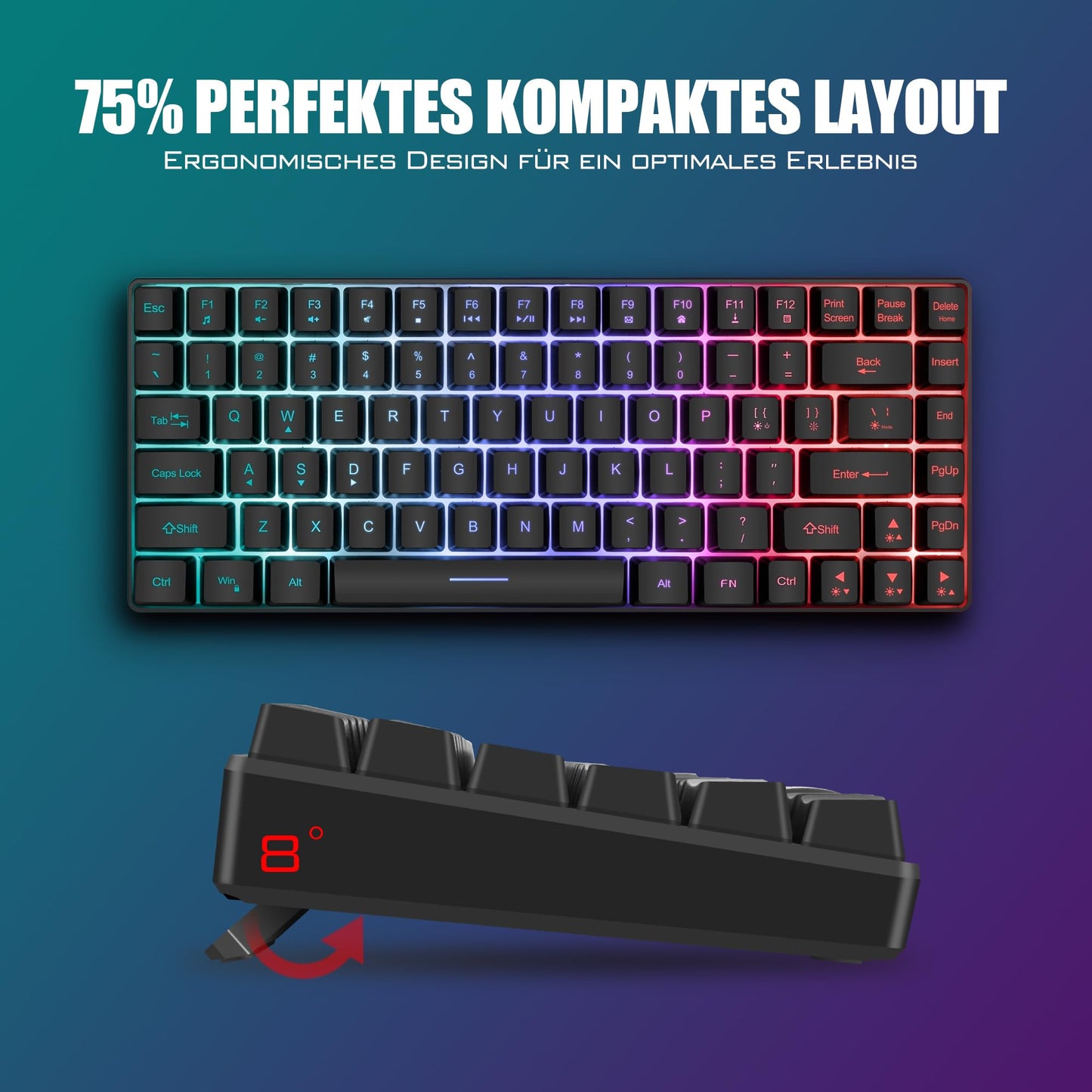 RedThunder 75% Kabelloses Gaming Tastatur und Maus Set, QWERTZ DE Layout, 85 Tasten TKL Wiederaufladbare Kompakte Tastatur, Ultraleichte 7200DPI-Maus mit Wabenkonstruktion für PC MAC PS5 Xbox Gamer