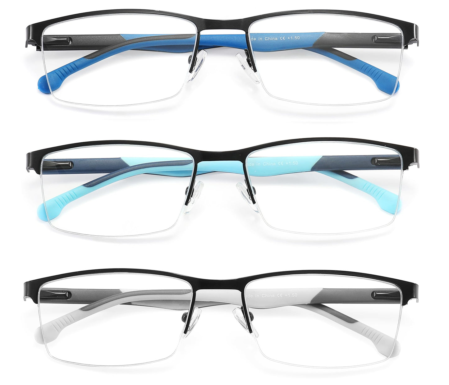 MODFANS 3er-Pack Lesebrille Herren Blaulichtfilter Metallrahmen Rechteck Stil Edelstahl Material