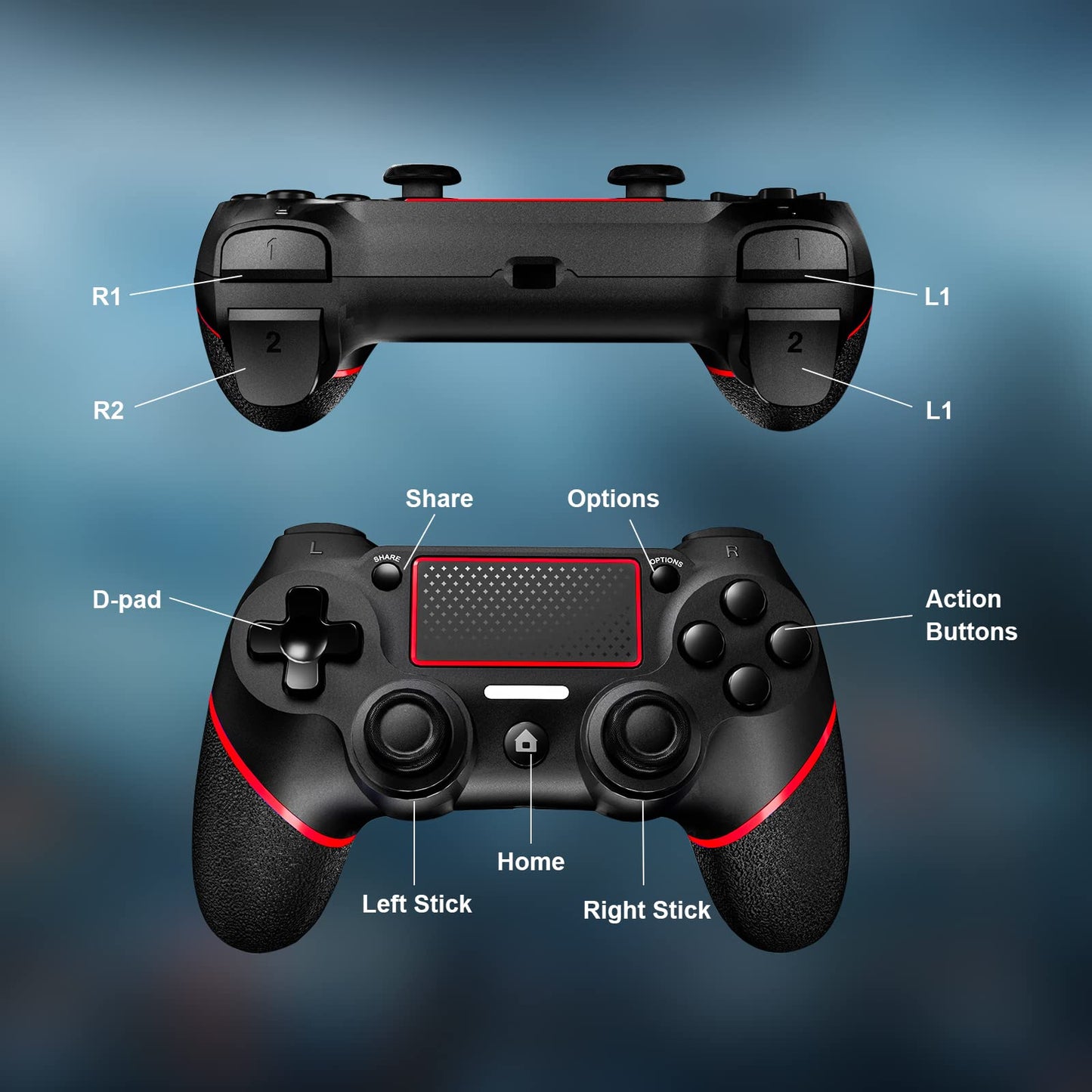 Shiptree Wireless Controller für PS-4, Game Controller Kompatibel mit PS-4/Slim/Pro/PC, mit Dual Vibration/6-Achsen Gyro Sensor/Hochpräzises Touchpanel/Audio Jack, 360°-Joystick Präzise Kontrolle -Rot