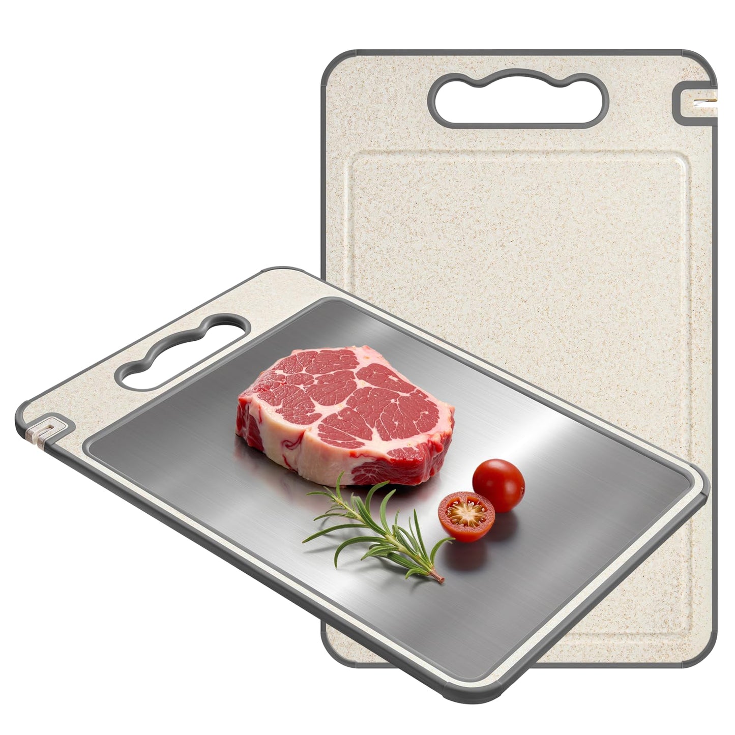 Luvan Doppelseitiges Schneidebrett, 304 Edelstahl & lebensmittelechtes PP, Küchenschneidebrett mit Griff und Saftrille, Ideal für Fleisch & Gemüse (36,5 × 25 cm)