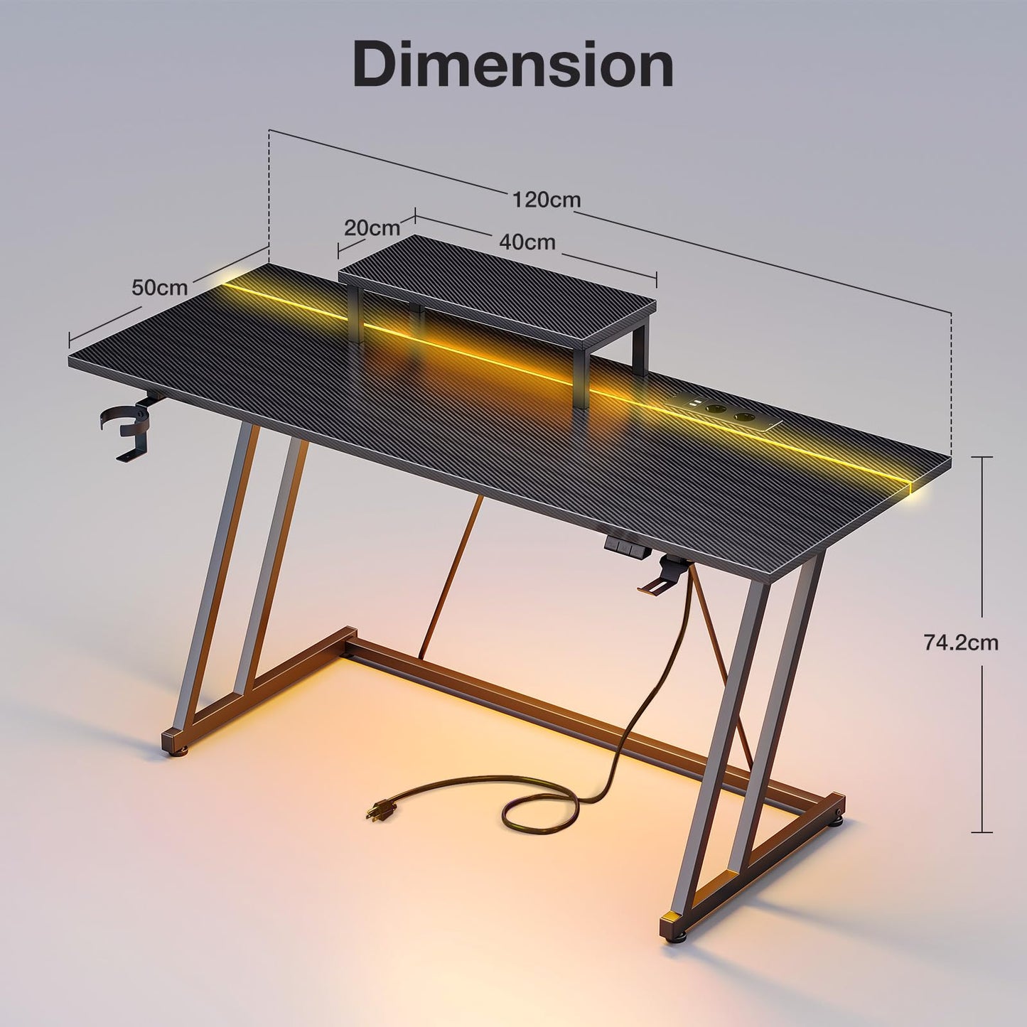 ODK Gaming Tisch mit LED & Steckdose, Gaming Schreibtisch mit Becherhalter und Kopfhörerhaken, Doppel-Z-Rahmen-Design Kleiner Computertisch, Carbon Fiber Schwarz PC Tisch 120 cm