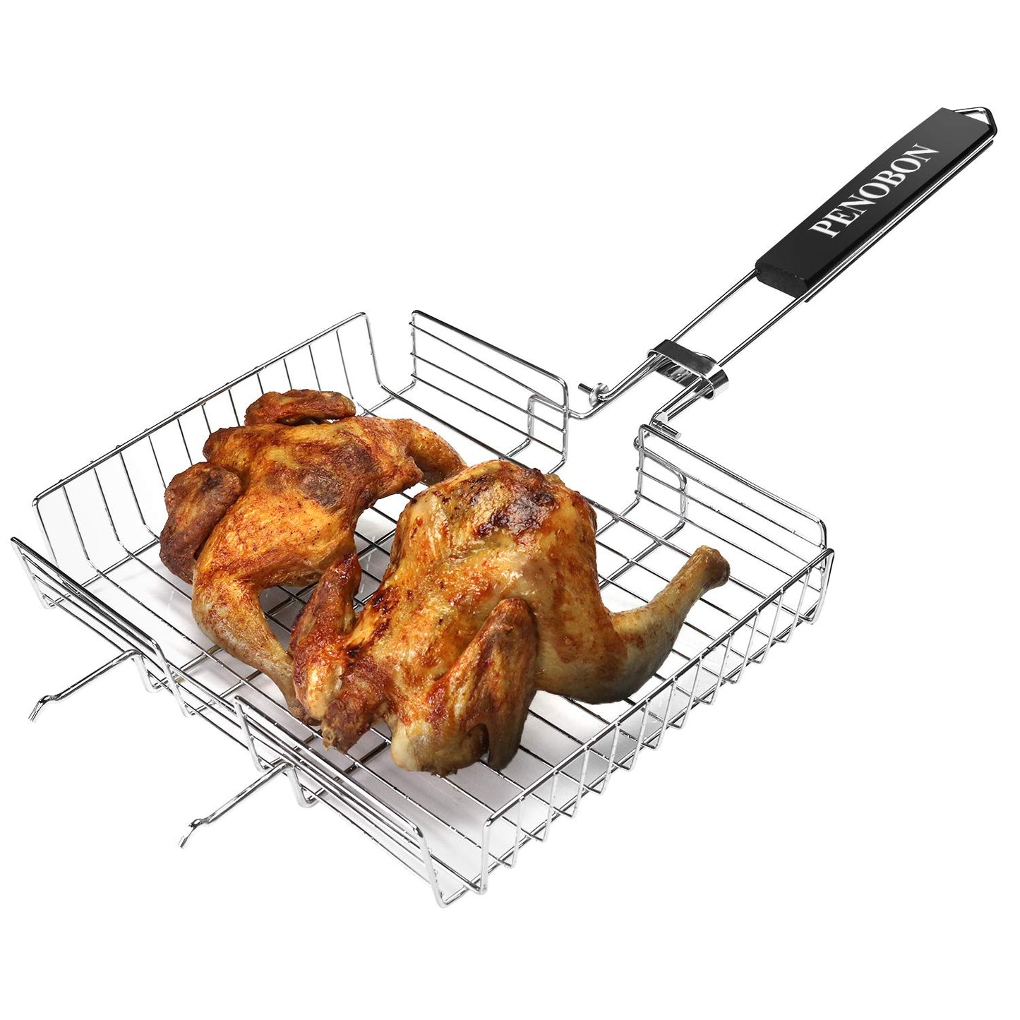 penobon Fisch-Grillkorb, faltbar, tragbarer Edelstahl-Grillkorb für Fischgemüse, Garnelen mit abnehmbarem Griff, mit Backpinsel und Aufbewahrungstasche (Tipo 1)