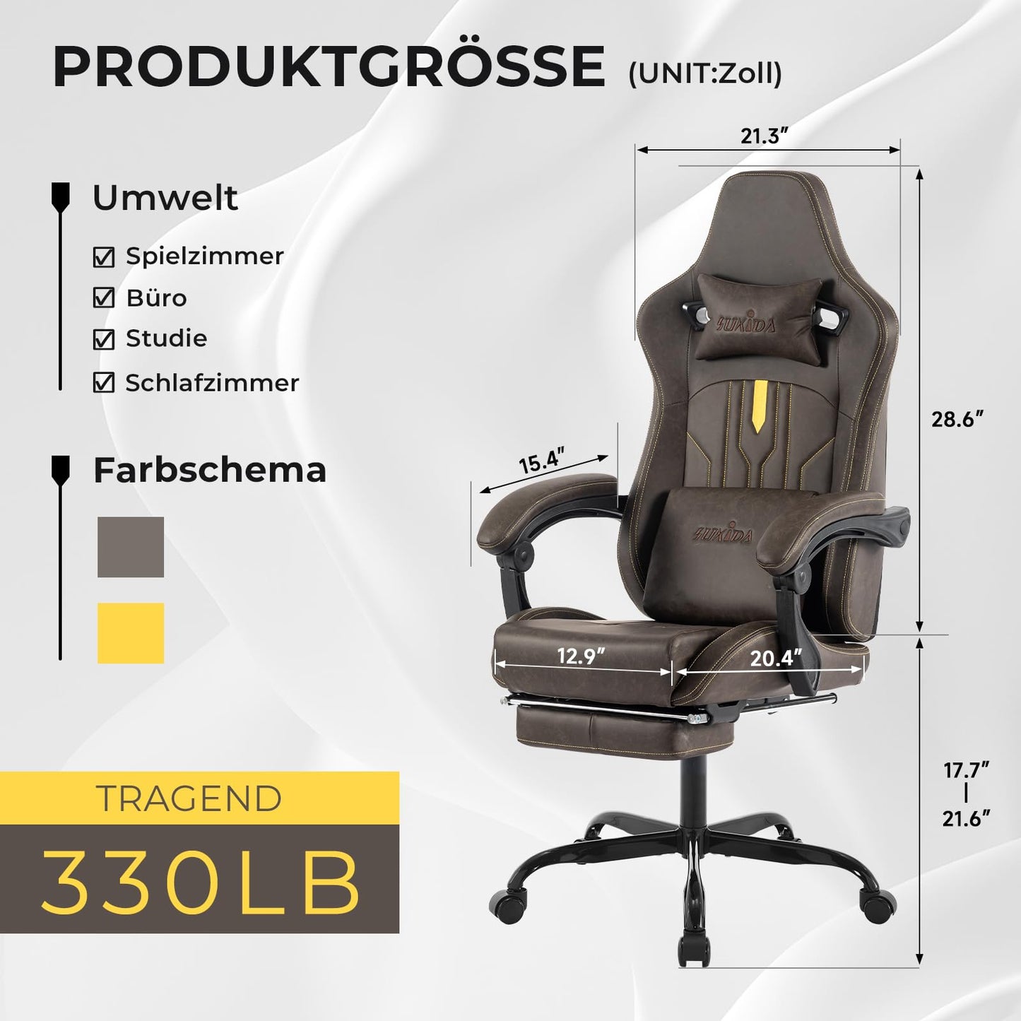 SUKIDA Gaming Stuhl Computerstuhl Ergonomischer Gaming Chair mit Fußstütze Bürostuhl Ergonomischer Computerstuhl mit Lendenwirbelstütze Schwarz