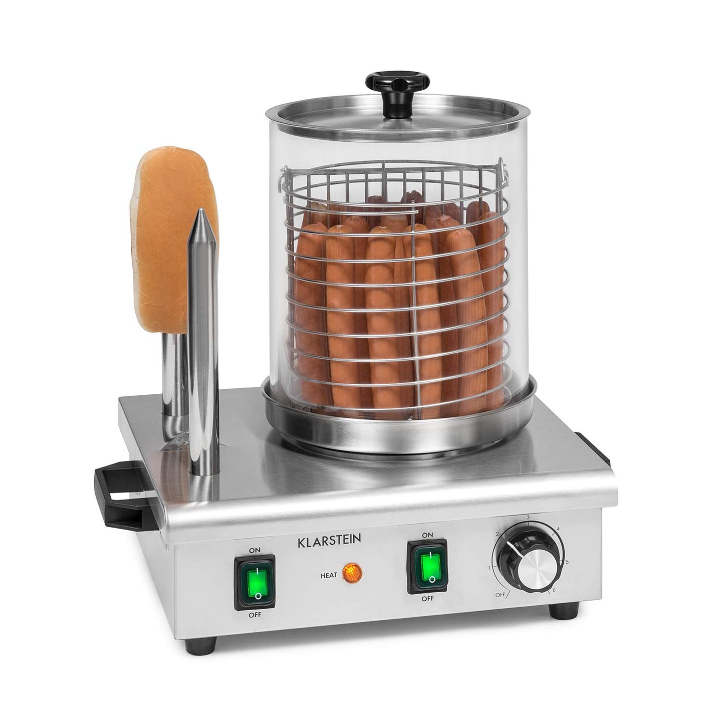 Klarstein Wurstfabrik Pro 550 Hot Dog Maker, 550 Watt, 2 Heizspieße, Temperaturregler 30-100 °C, Glaszylinder: Ø 20 cm, Edelstahlkäfig: Ø 17 cm, Edelstahlgehäuse,Profi Würstchenkocher, silber