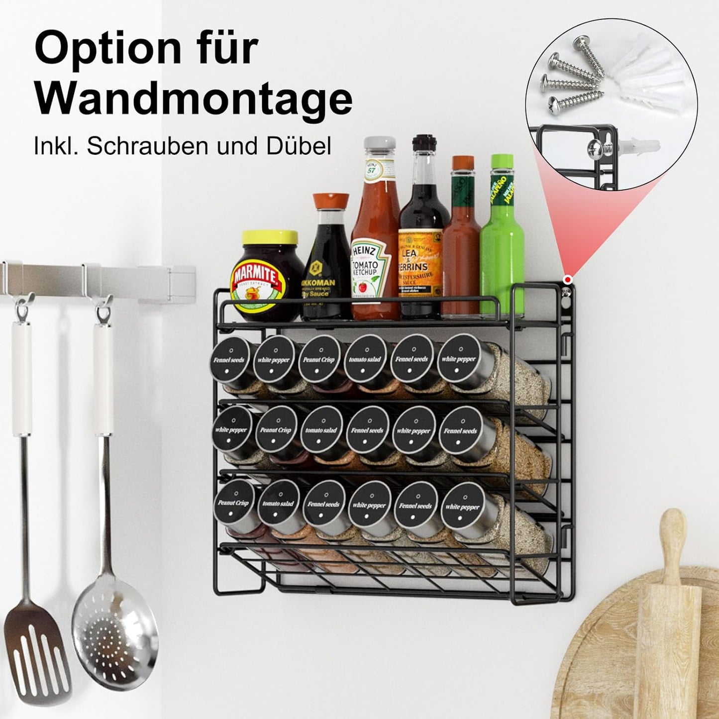 Priksia Gewürzregal Stehend & Wand - Gewürz Organizer - Gewürzregale Spice Rack Organizer für Küchen, Schrank, Speisekammer, Arbeitsplatte