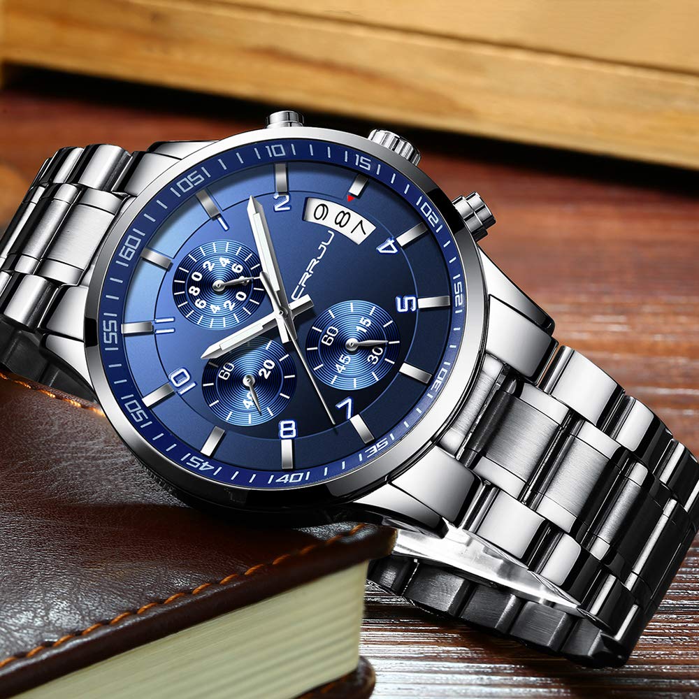 CRRJU Herren Uhr Business Edelstahl wasserdichte Chronographen mit Kalender Armbanduhr Edelstahlband Stoppuhr Analog Quarzuhr